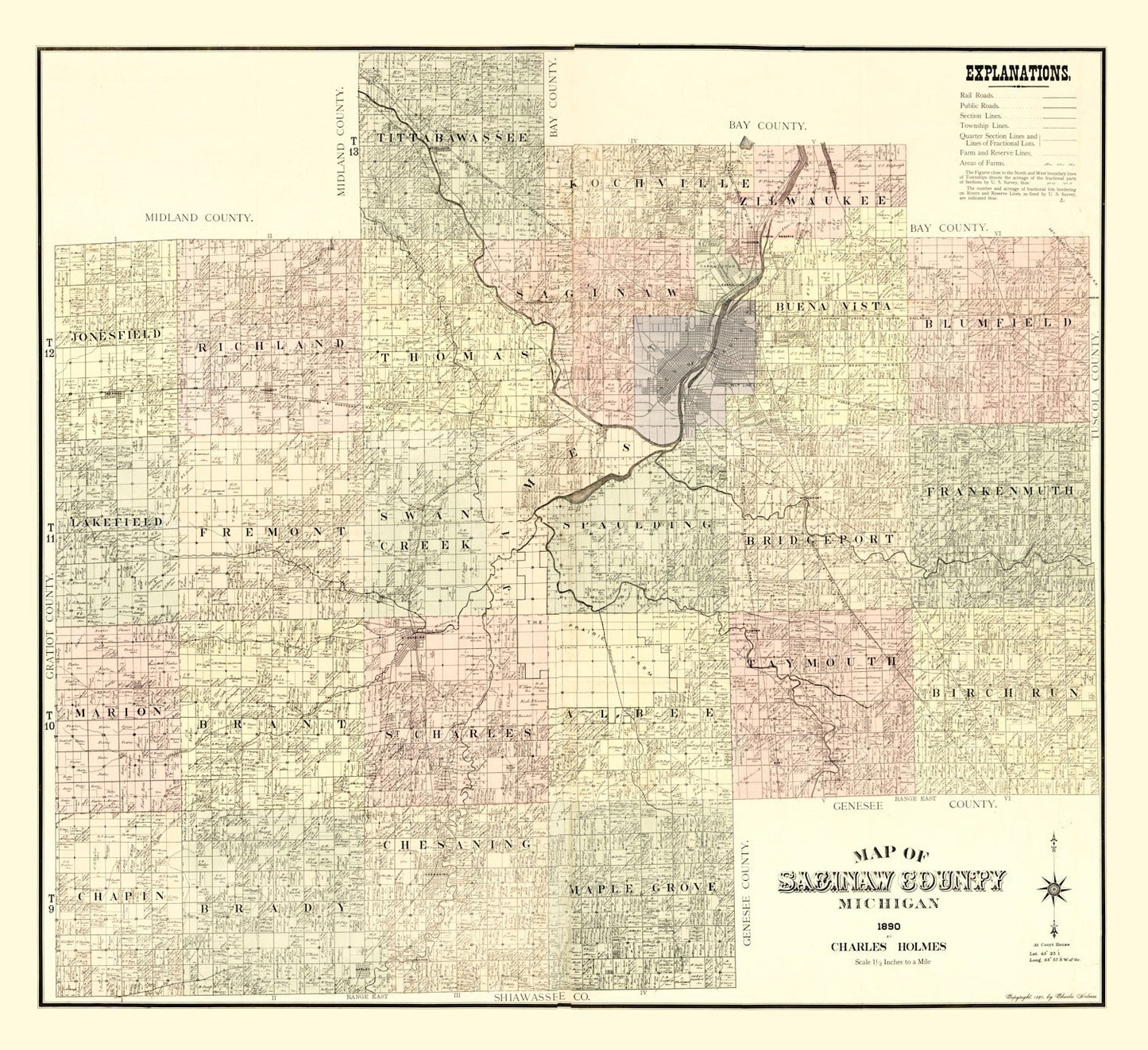 Vintage Map of Saginaw County, Michigan, 1890