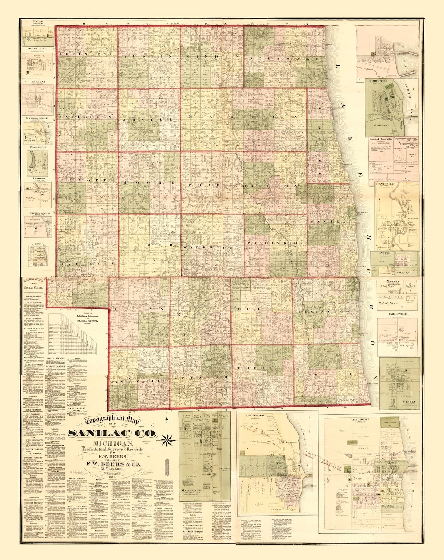 Vintage Map of Sanilac County, Michigan, 1876