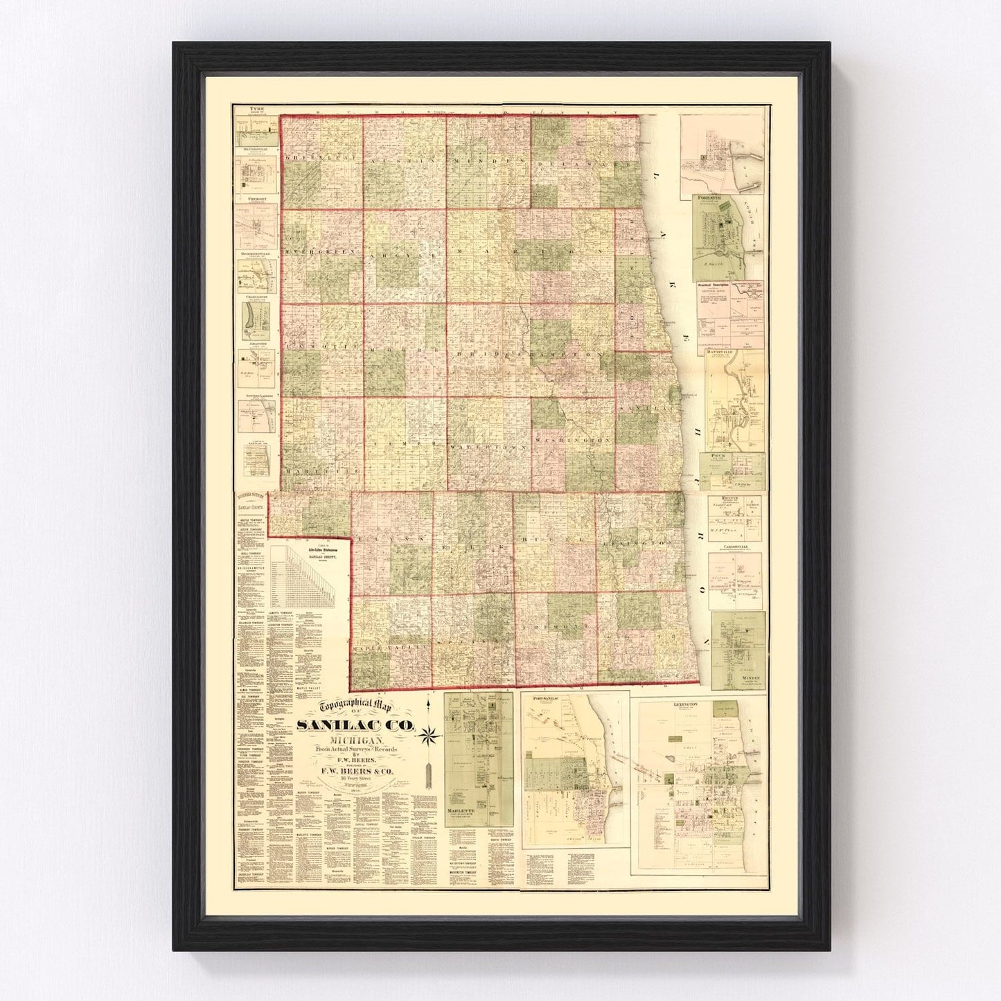 Vintage map of Sanilac County, Michigan, 1876