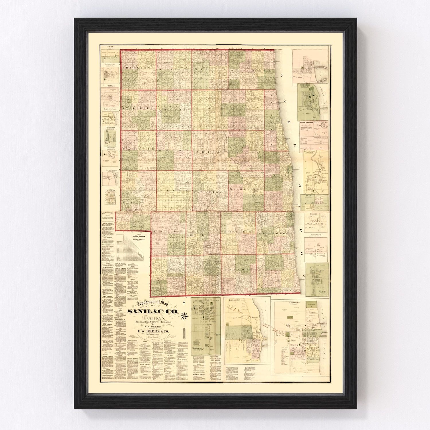 Vintage map of Sanilac County, Michigan, 1876