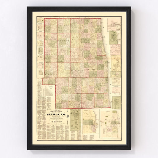 Vintage map of Sanilac County, Michigan, 1876