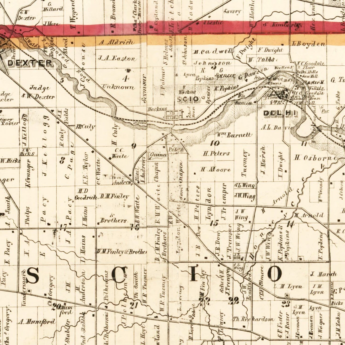 Vintage Map of Washtenaw County, Michigan 1856