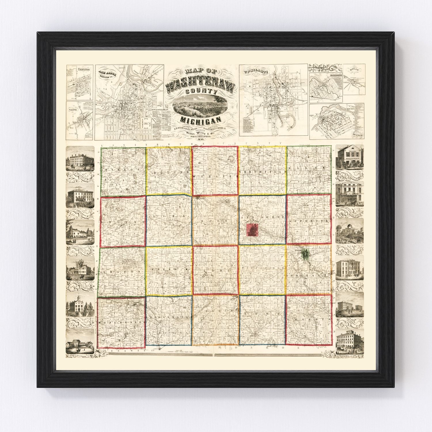 Vintage map of Washtenaw County, Michigan, 1856 - Ann Arbor antebellum restored print