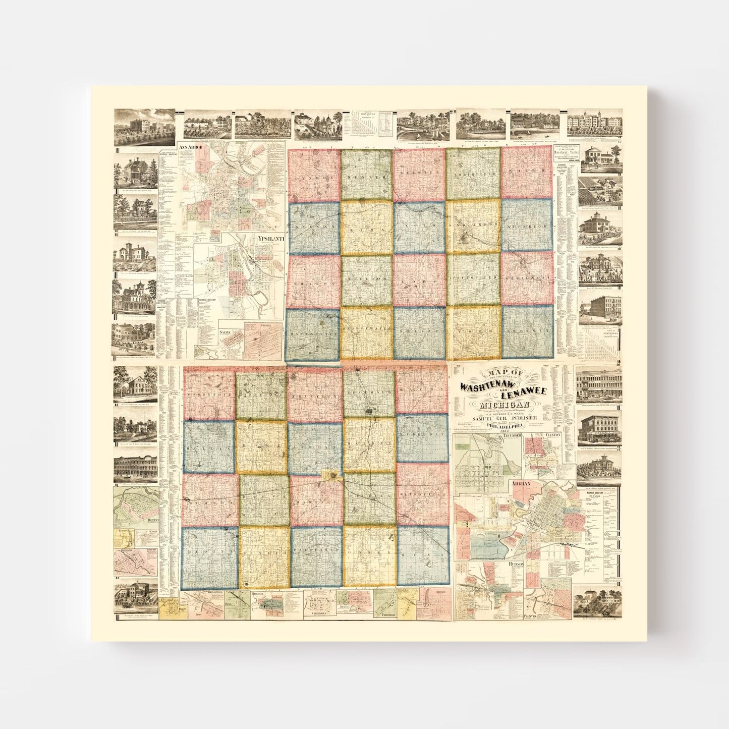 Vintage Map of Lenawee County, Michigan, 1864