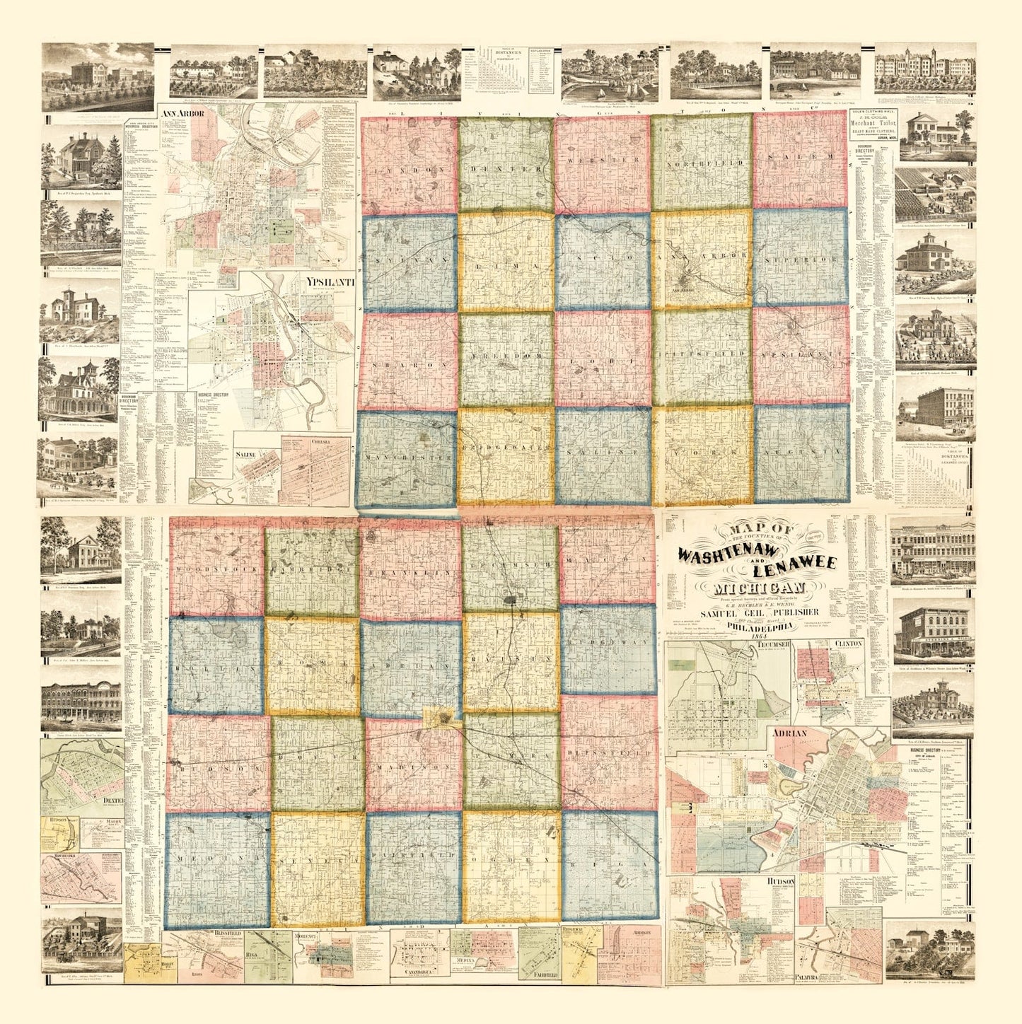 Vintage Map of Lenawee County, Michigan, 1864