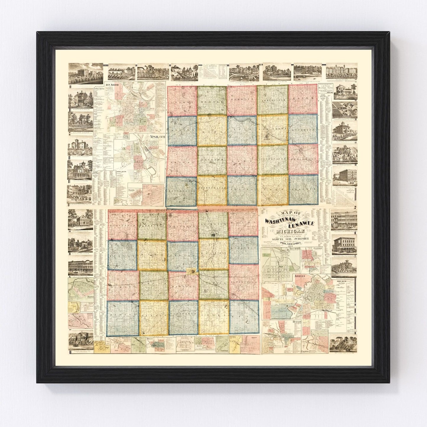 Vintage map of Lenawee County, Michigan, 1864
