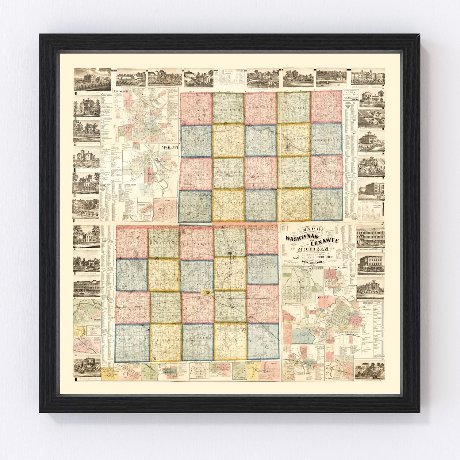 Vintage map of Lenawee County, Michigan, 1864