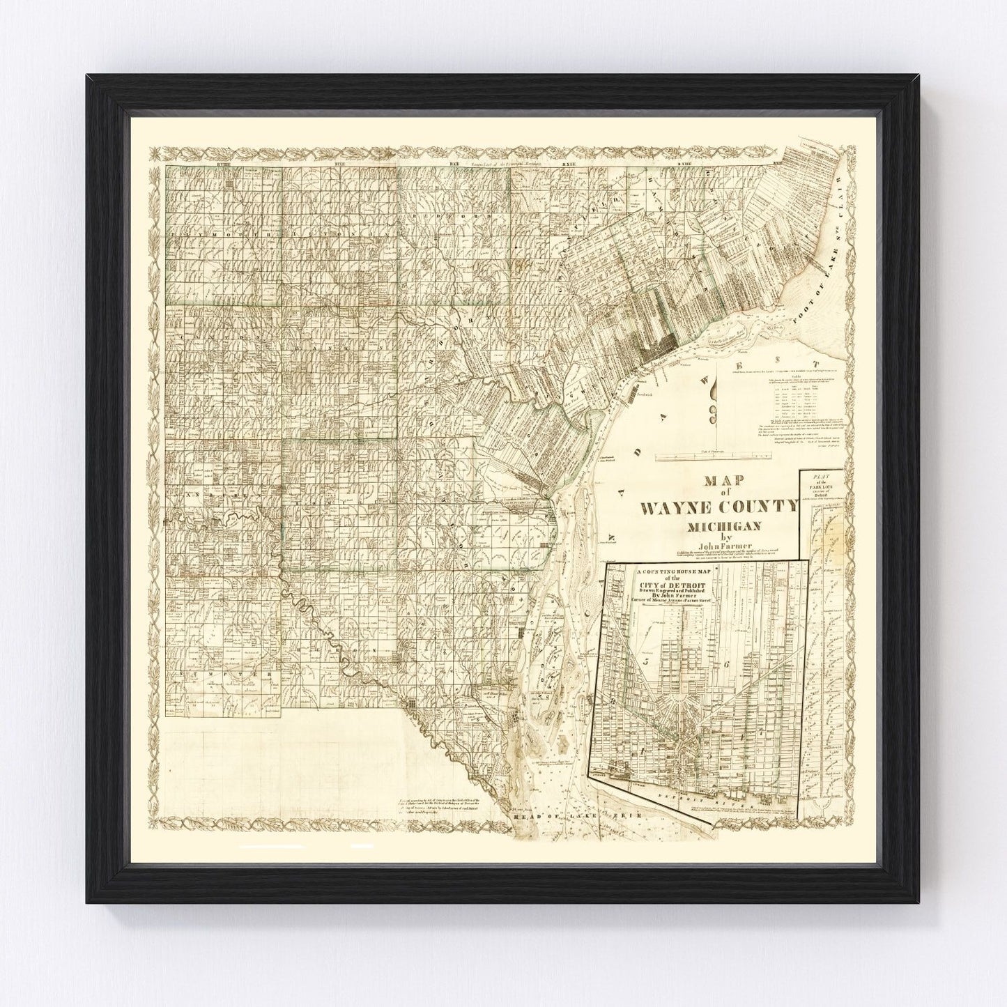 Vintage map of Wayne County, Michigan, 1855 - Detroit antebellum restored print