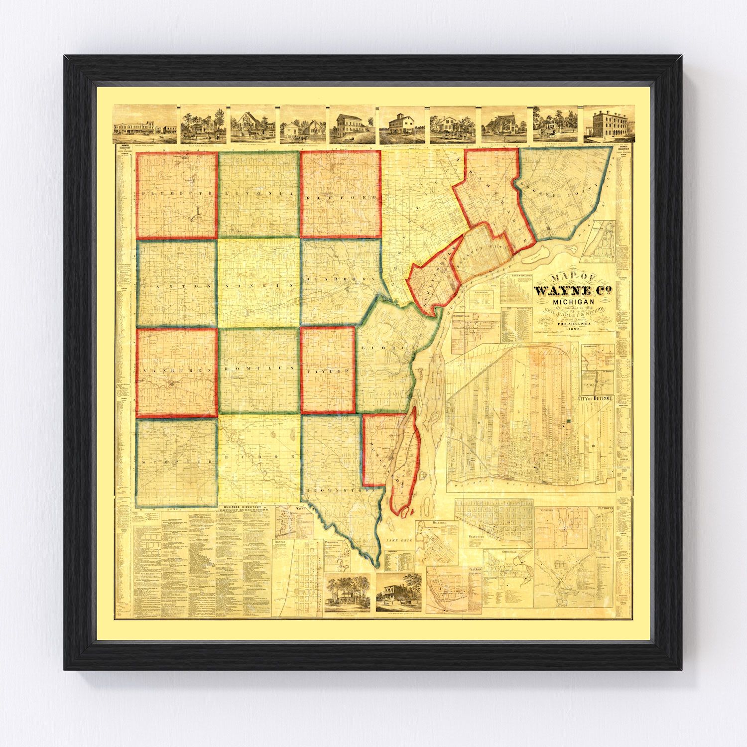 Vintage map of Wayne County, Michigan, 1860 - Detroit antebellum restored print