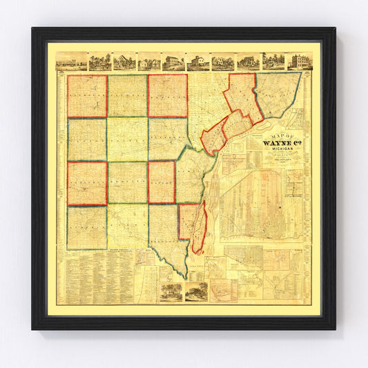 Vintage map of Wayne County, Michigan, 1860 - Detroit antebellum restored print