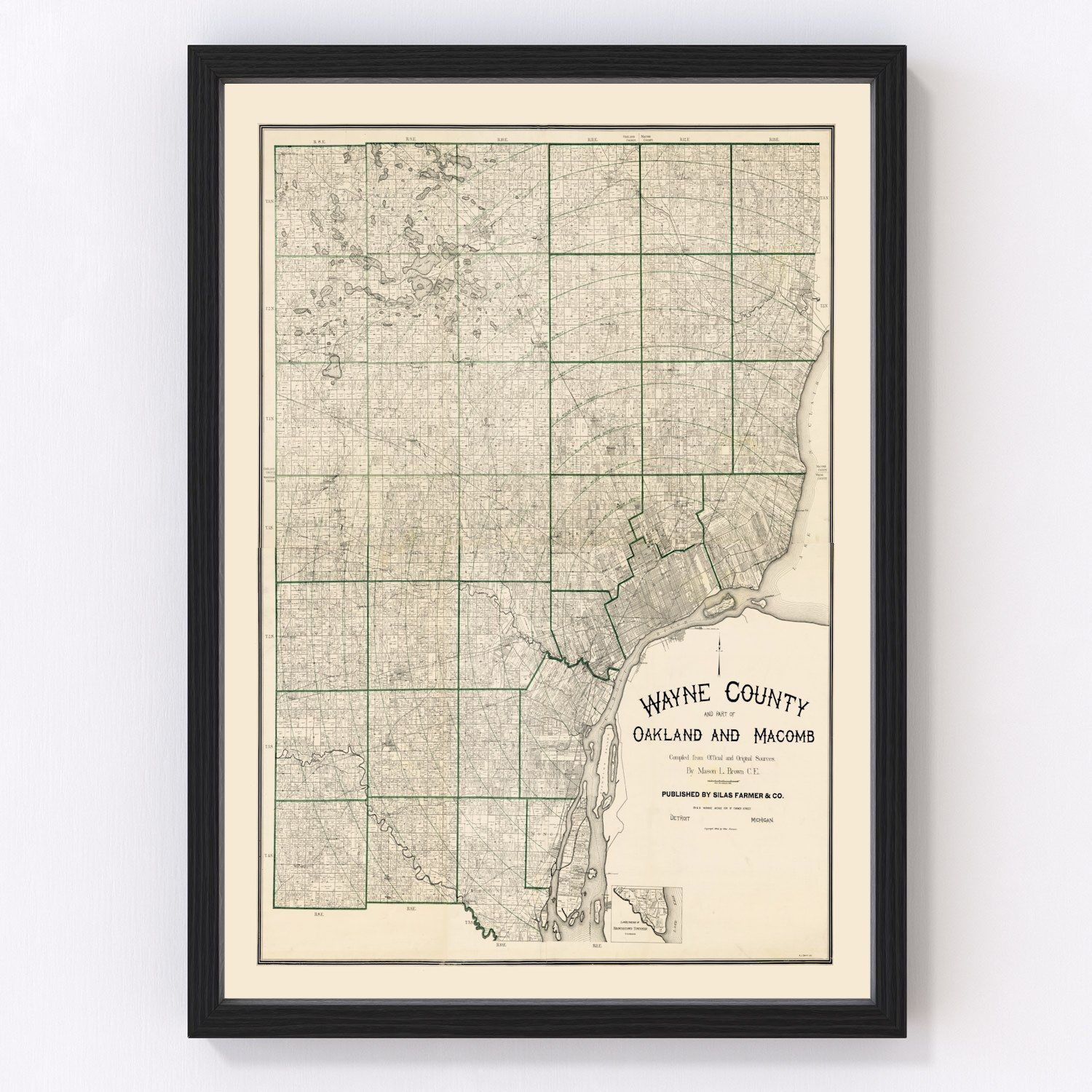 Vintage map of Wayne County, Michigan, 1894 - Detroit area restored cartographic print