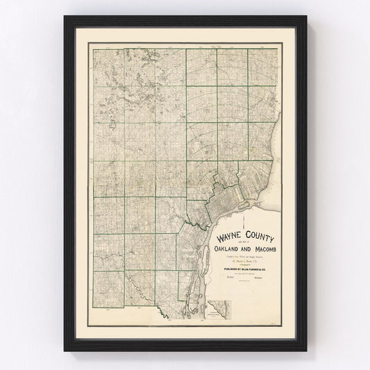 Vintage map of Wayne County, Michigan, 1894 - Detroit area restored cartographic print