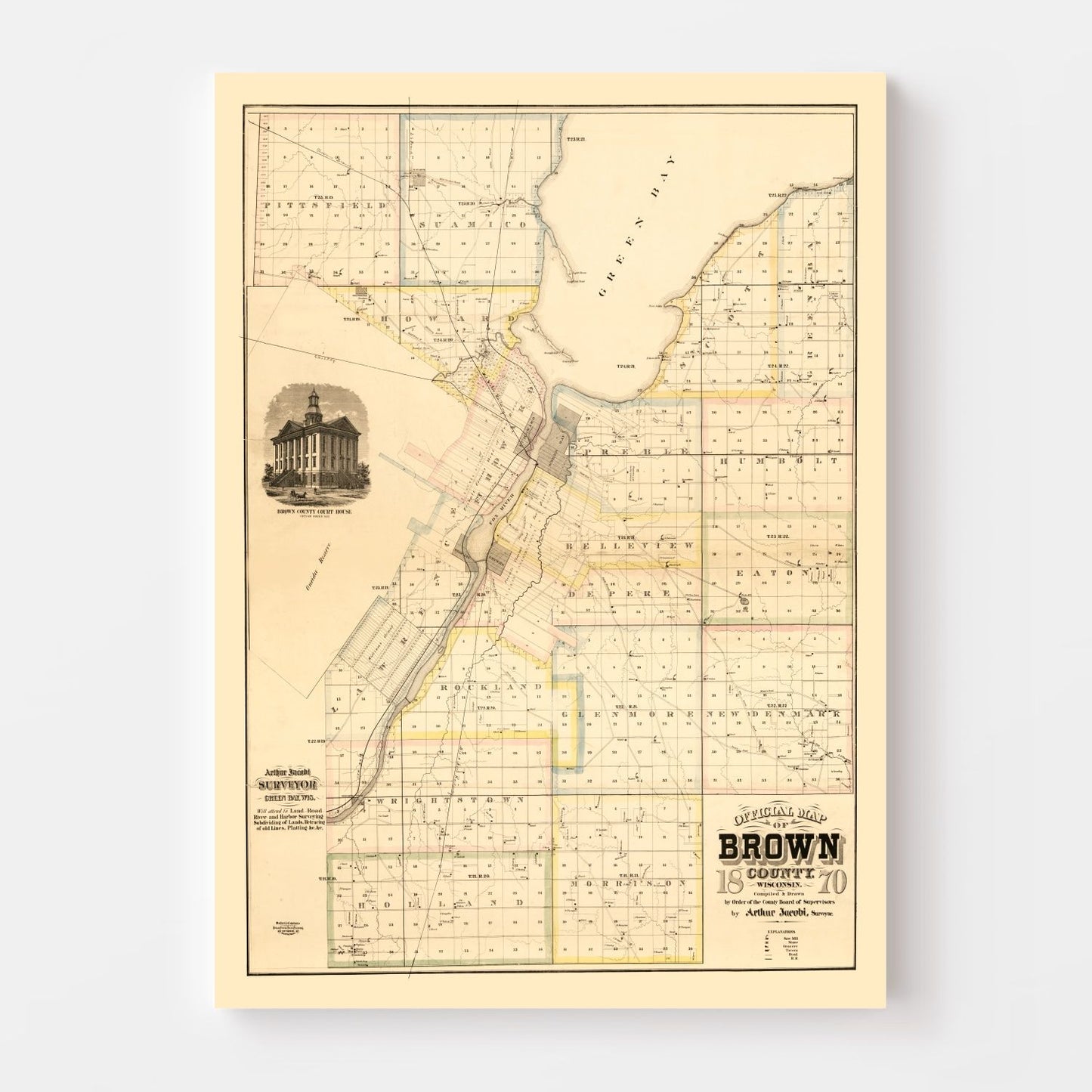 Vintage Map of Brown County, Wisconsin, 1870