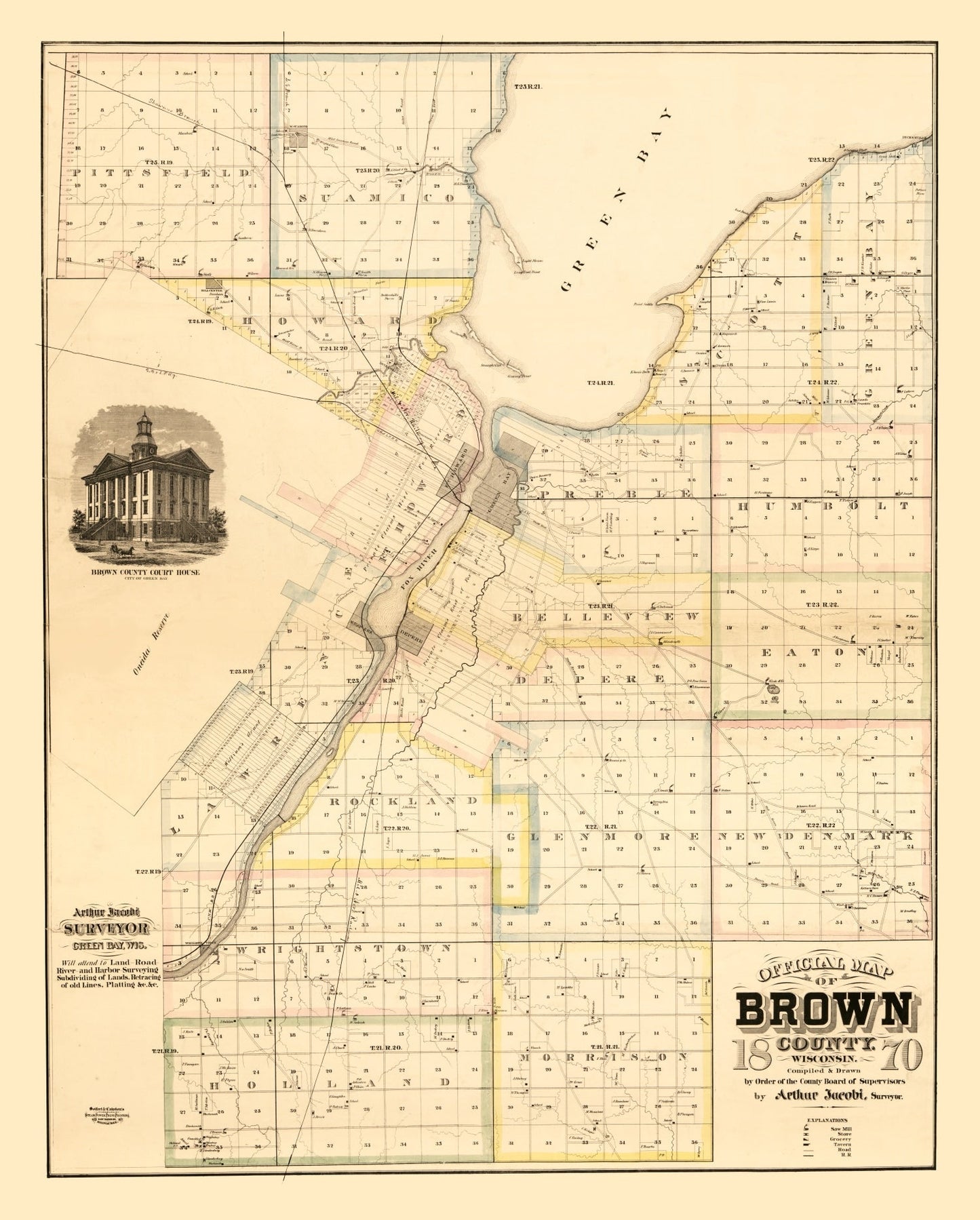 Vintage Map of Brown County, Wisconsin, 1870