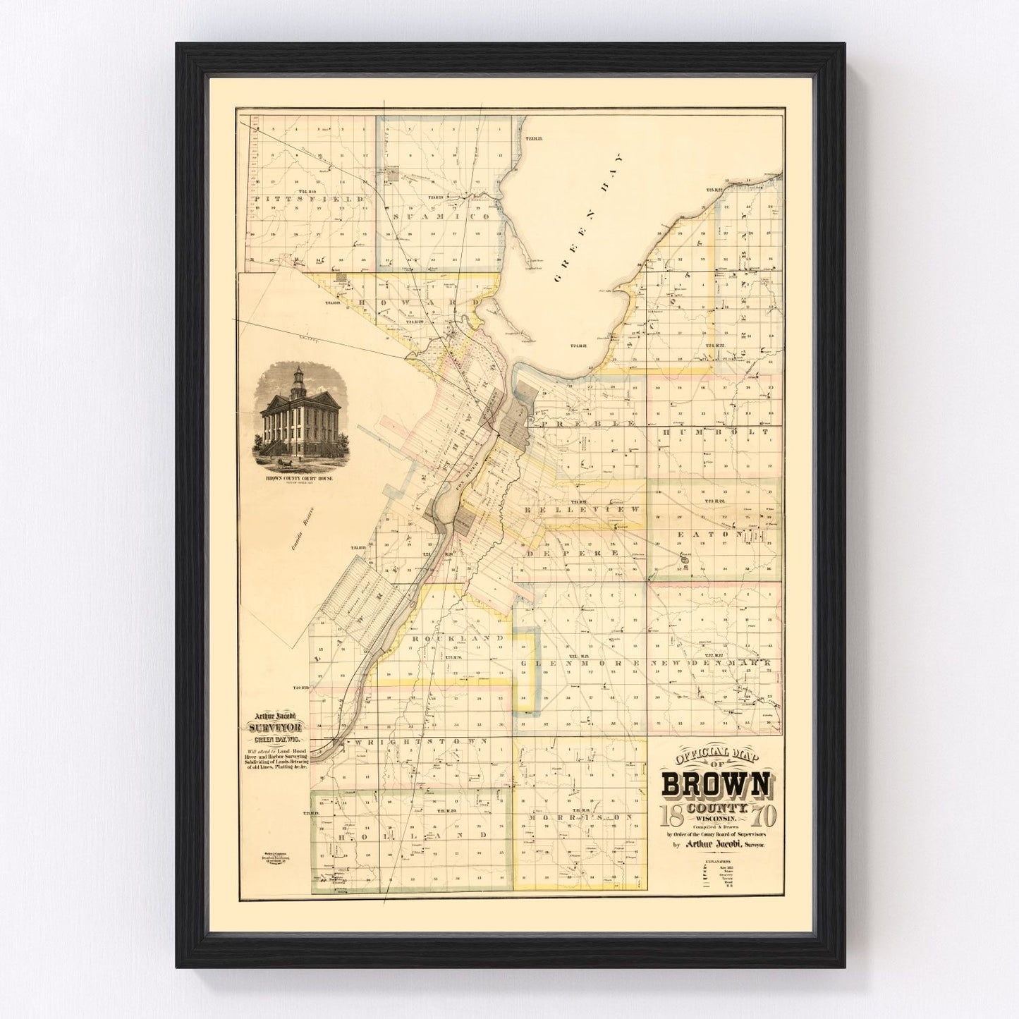 Vintage map of Brown County, Wisconsin, 1870, Green Bay area