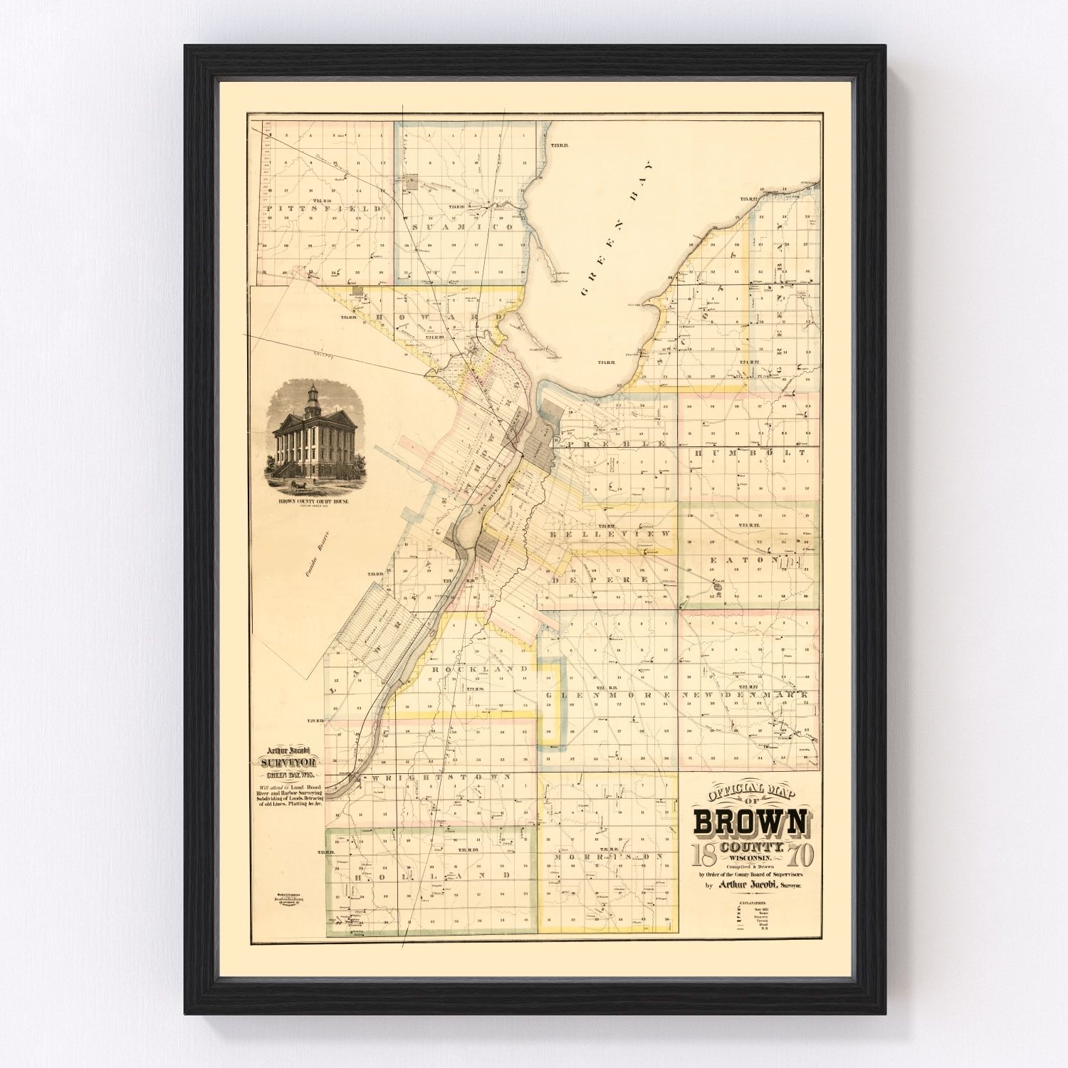 Vintage map of Brown County, Wisconsin, 1870, Green Bay area