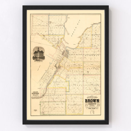 Vintage map of Brown County, Wisconsin, 1870, Green Bay area