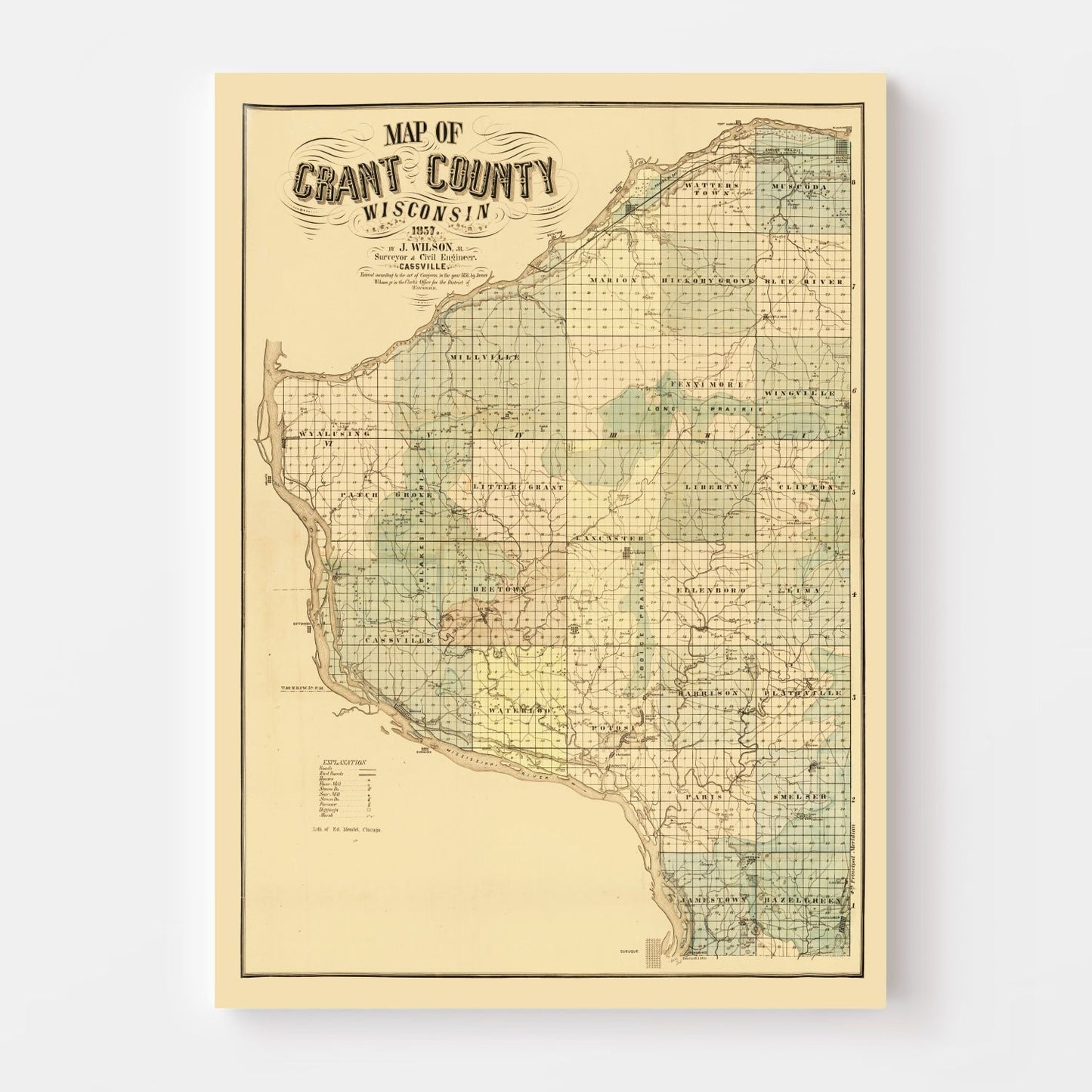 Vintage Map of Grant County, Wisconsin, 1857