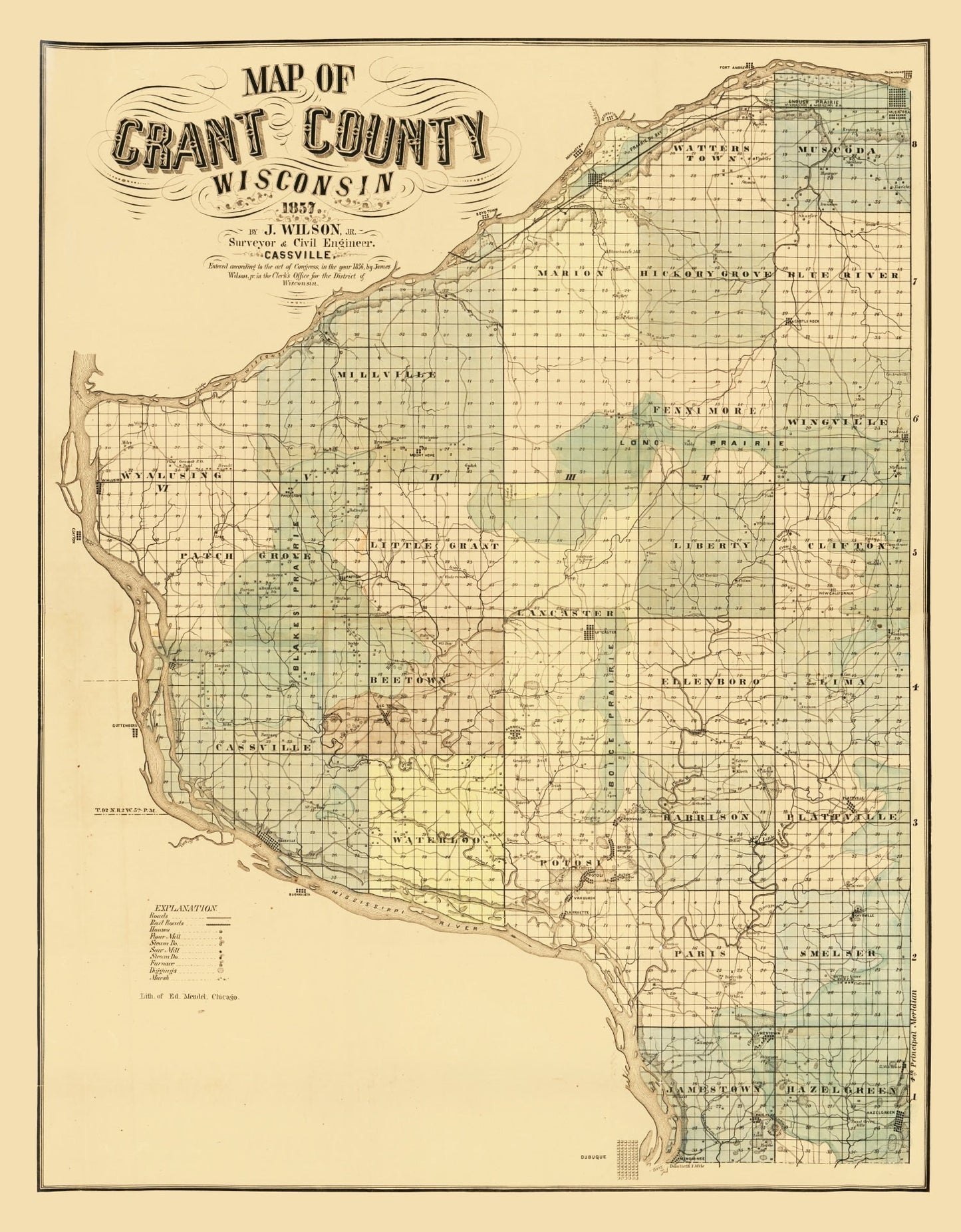 Vintage Map of Grant County, Wisconsin, 1857