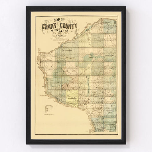 Vintage map of Grant County, Wisconsin, 1857