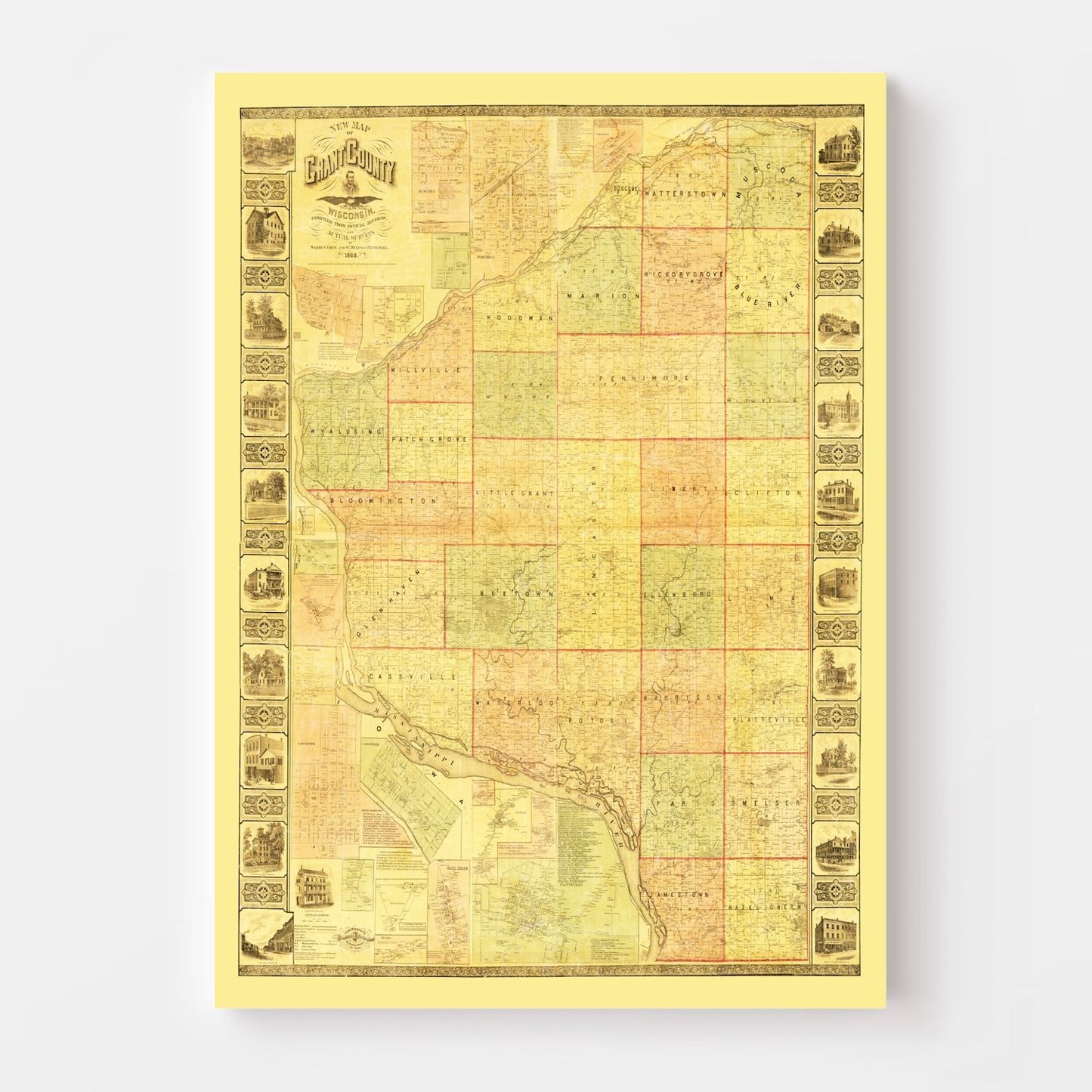 Vintage Map of Grant County, Wisconsin, 1868