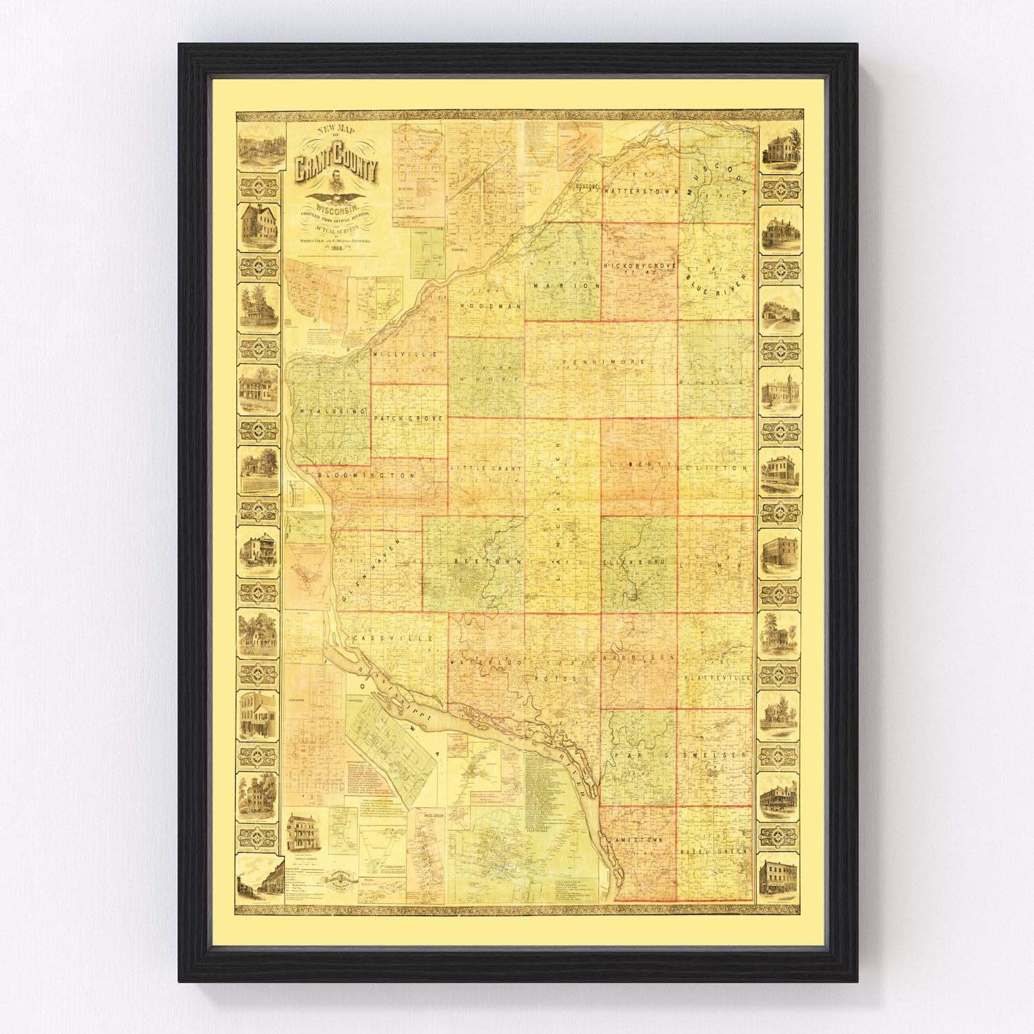 Vintage map of Grant County, Wisconsin, 1868