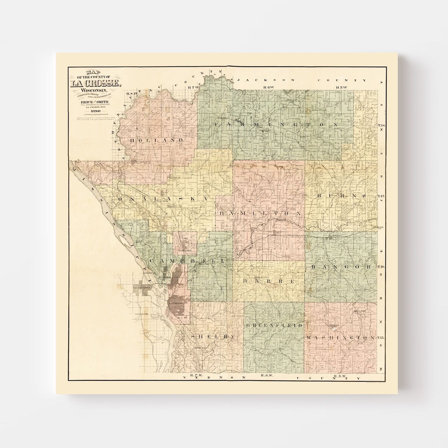 Vintage Map of La Crosse County, Wisconsin, 1890