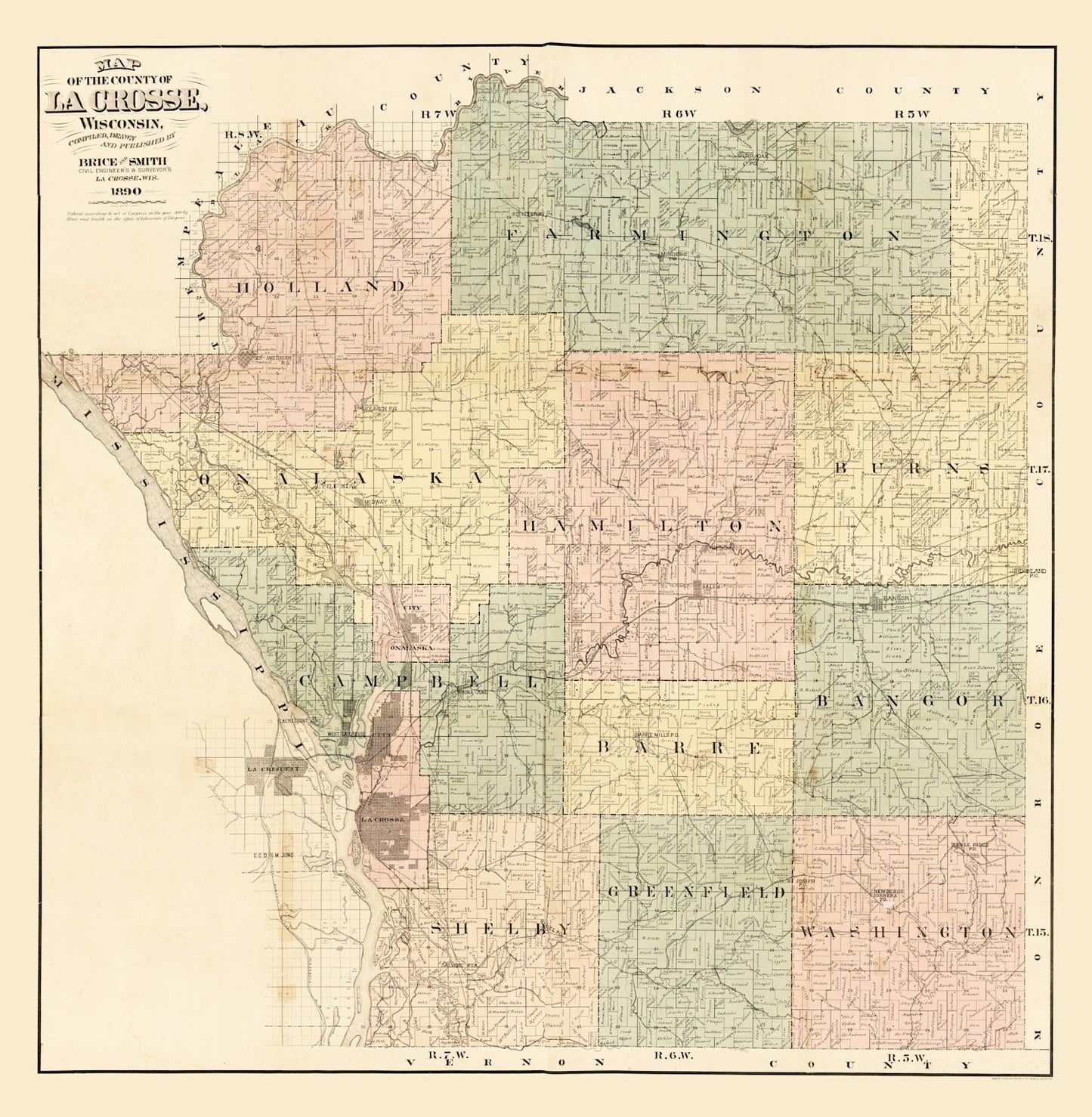 Vintage Map of La Crosse County, Wisconsin, 1890