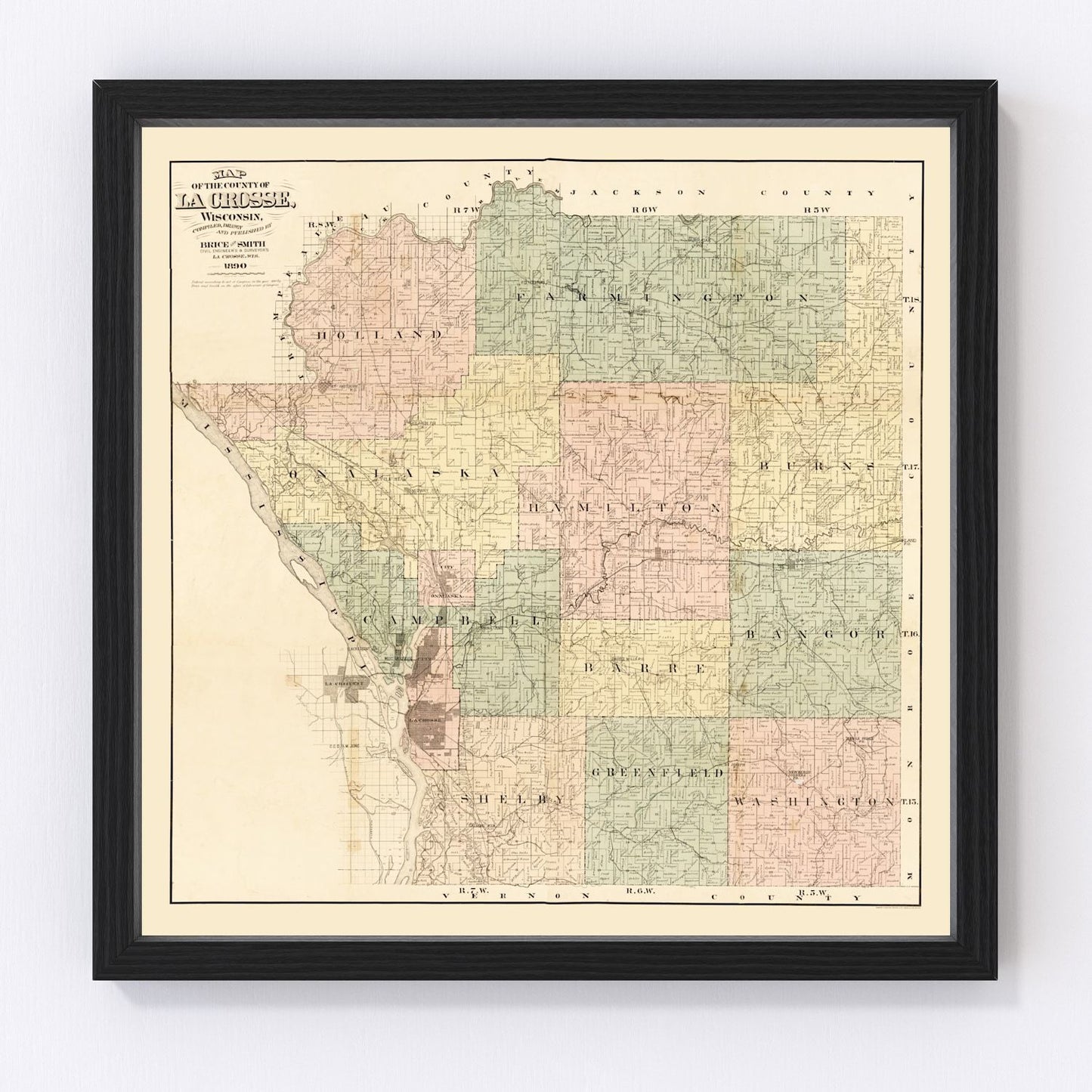 vintage map of La Crosse County, Wisconsin, 1890