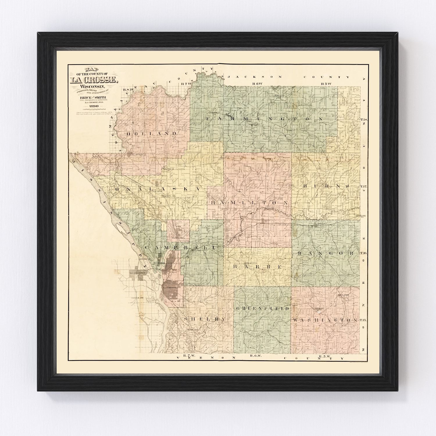 vintage map of La Crosse County, Wisconsin, 1890
