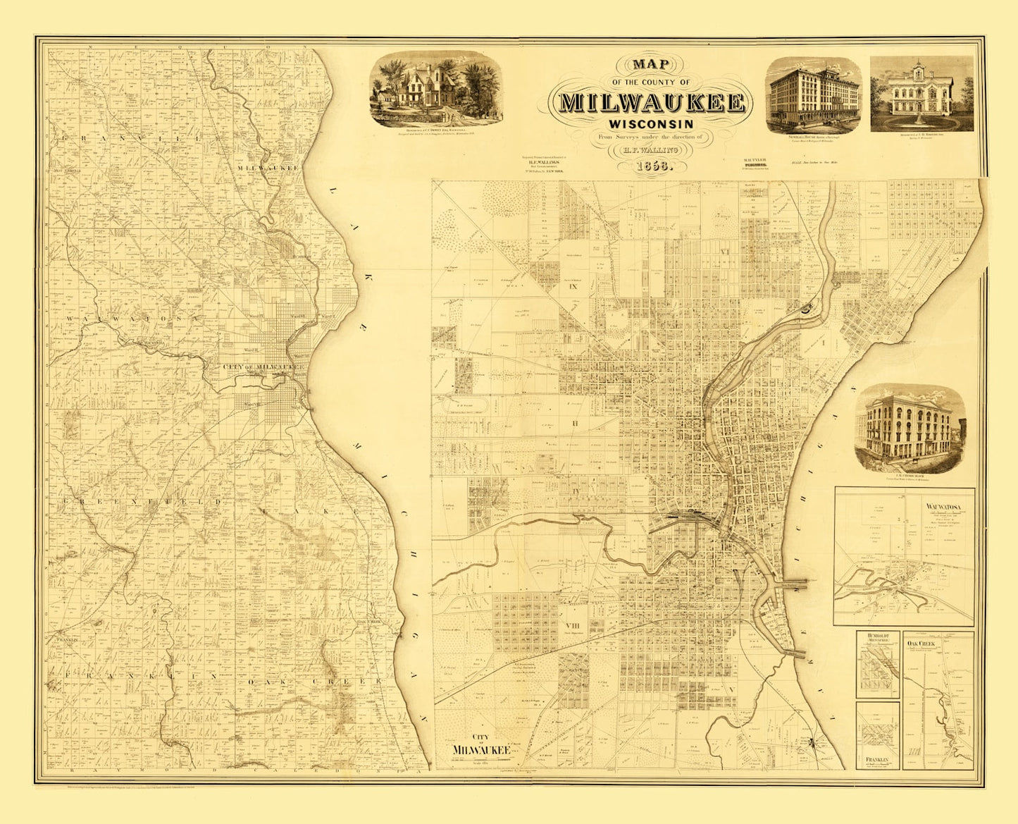 Vintage Map of Milwaukee County, Wisconsin, 1858