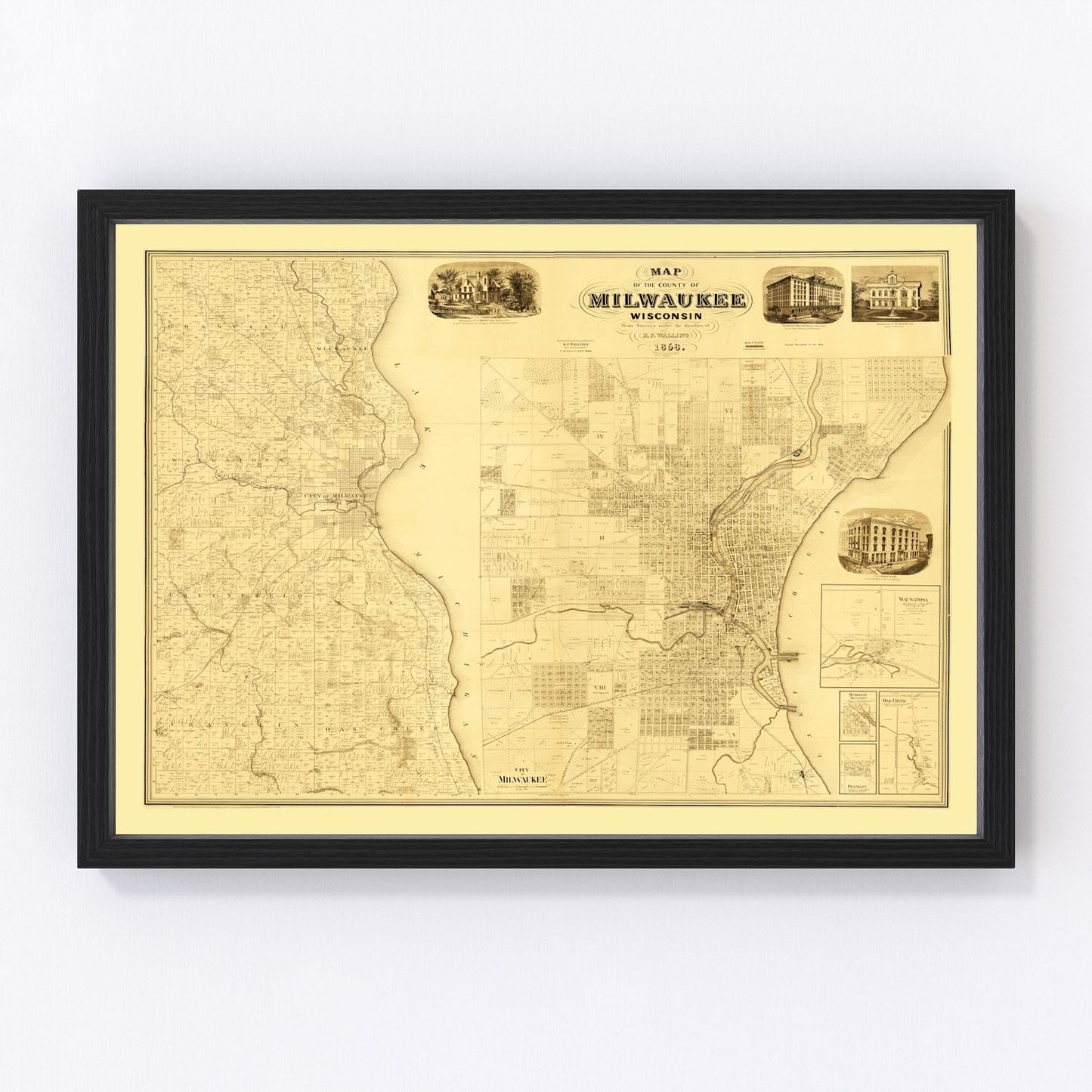 vintage map of Milwaukee County, Wisconsin, 1858