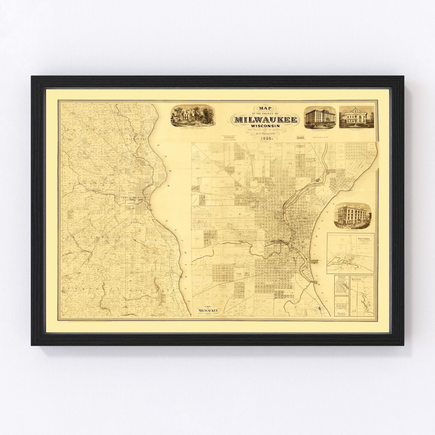 vintage map of Milwaukee County, Wisconsin, 1858
