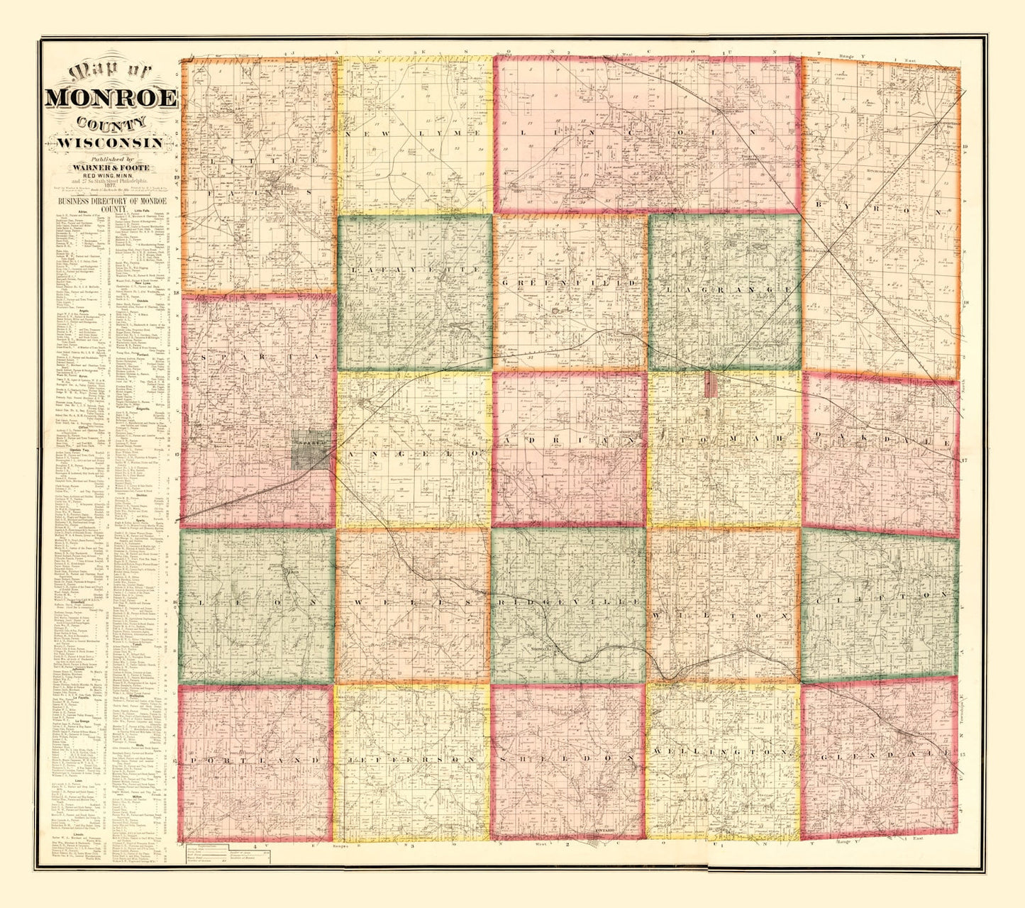 Vintage Map of Monroe County, Wisconsin, 1877