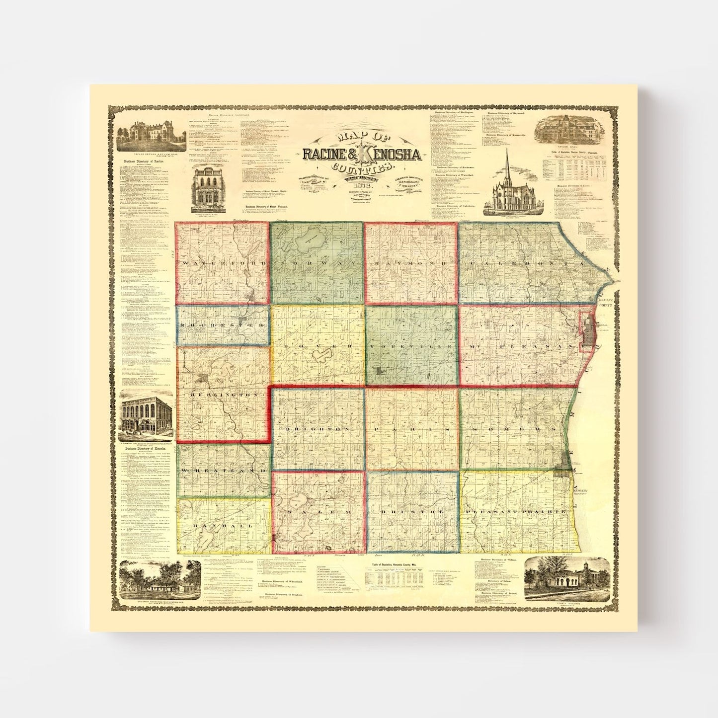 Vintage Map of Kenosha County, Wisconsin, 1873
