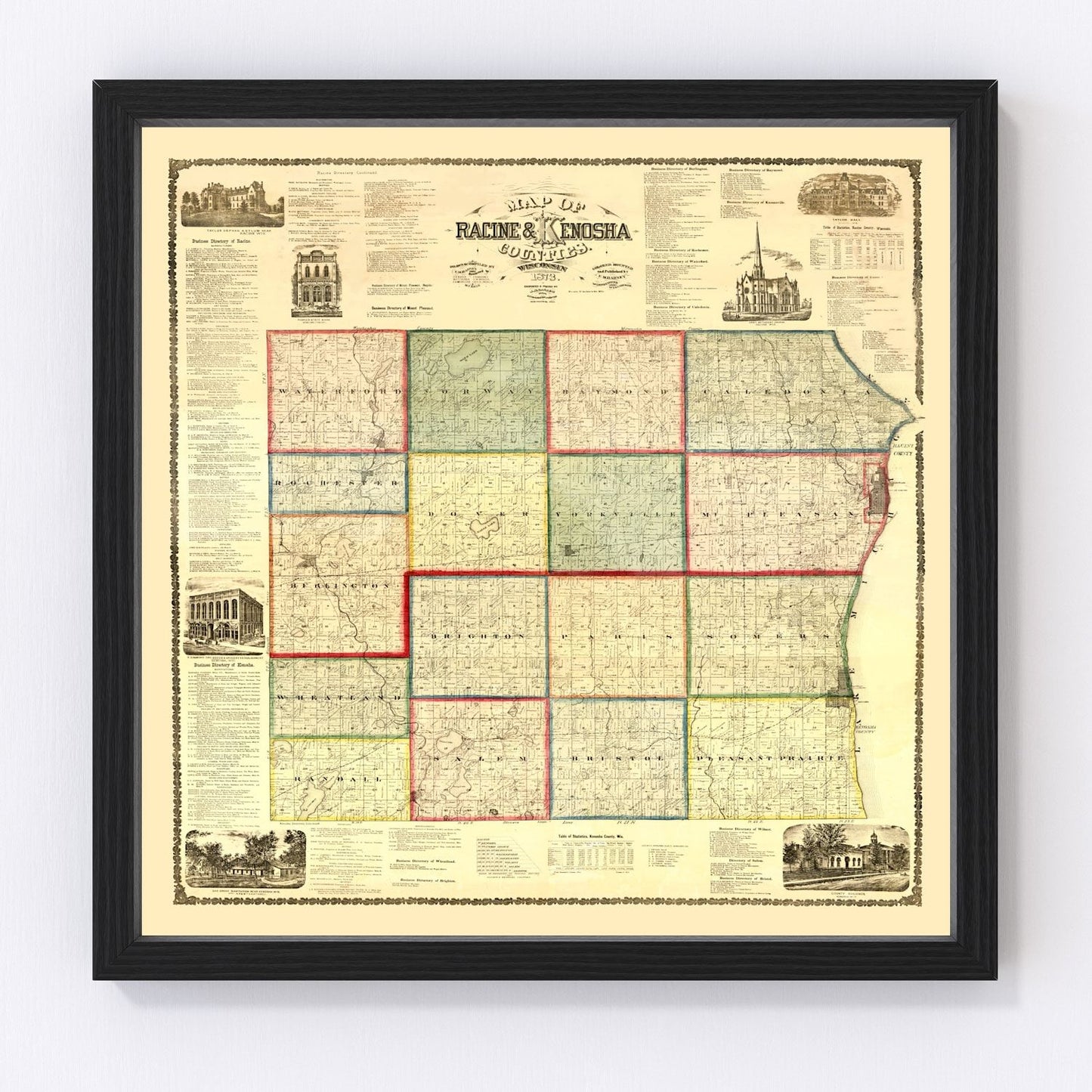 Vintage map of Kenosha County, Wisconsin, 1873