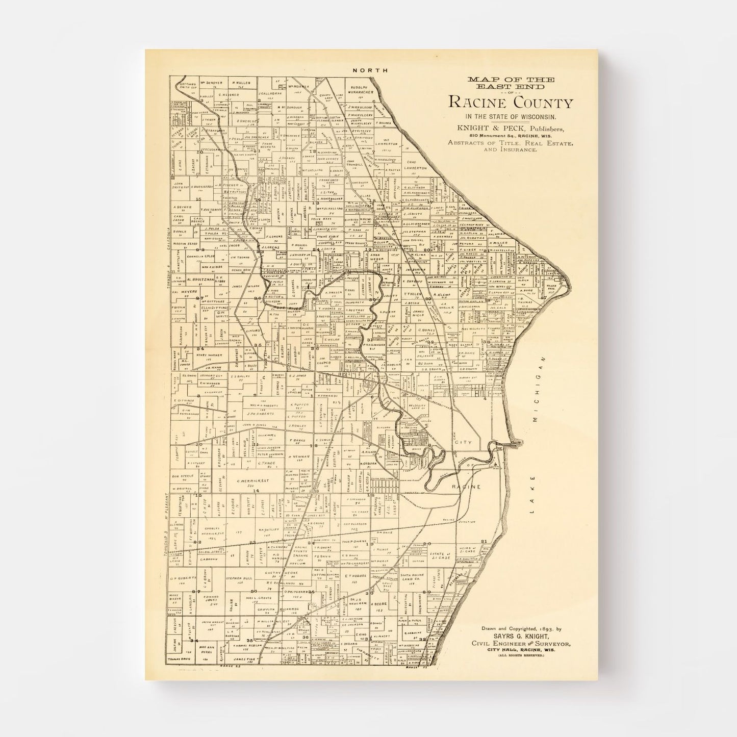 Vintage Map of Racine County, Wisconsin, 1893