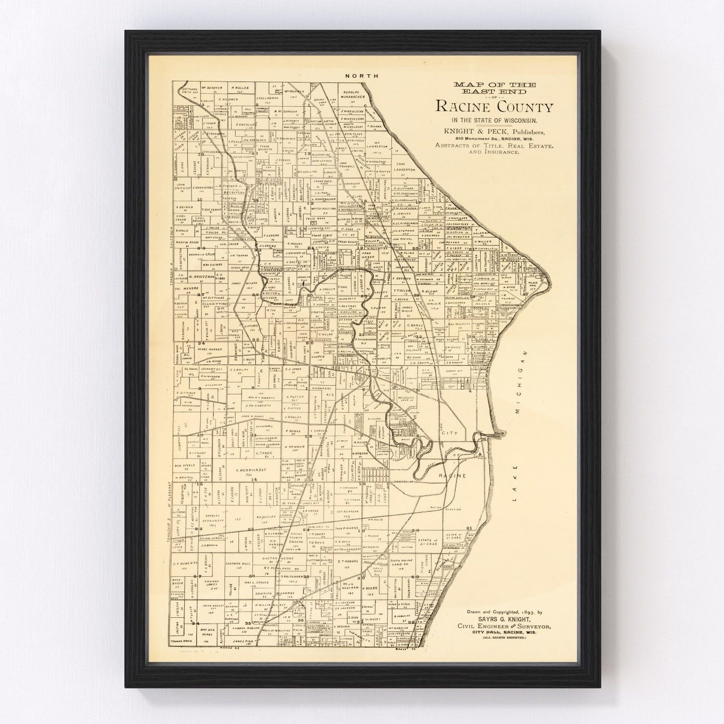 Vintage map of Racine County, Wisconsin, 1893