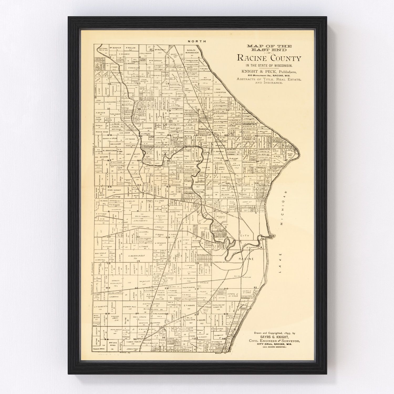Vintage map of Racine County, Wisconsin, 1893