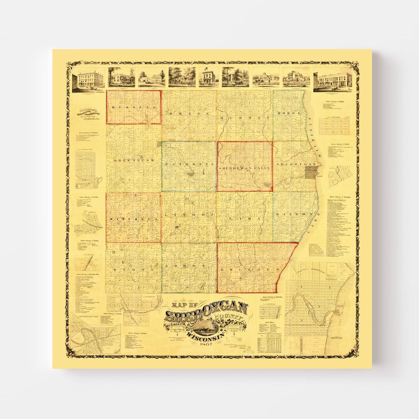 Vintage Map of Sheboygan County, Wisconsin, 1862