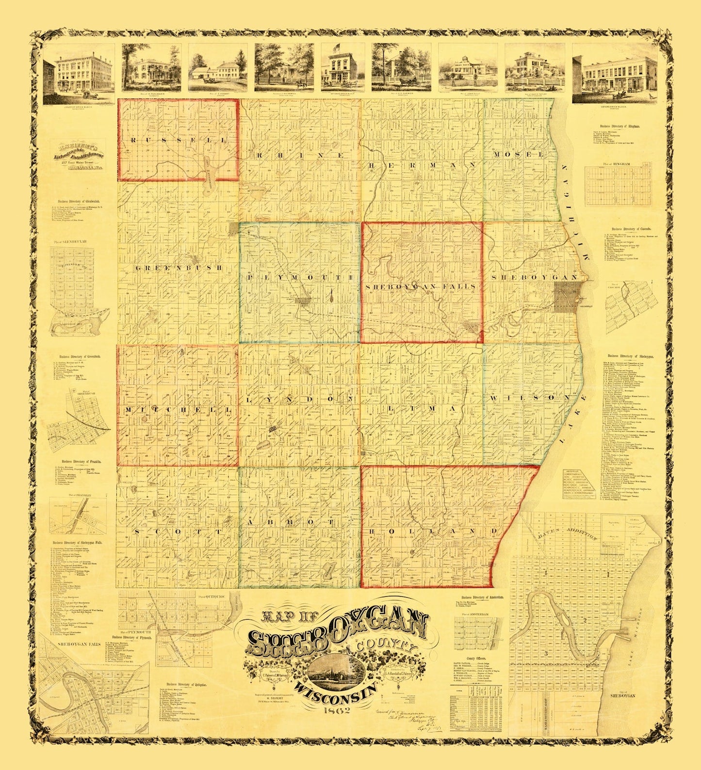 Vintage Map of Sheboygan County, Wisconsin, 1862