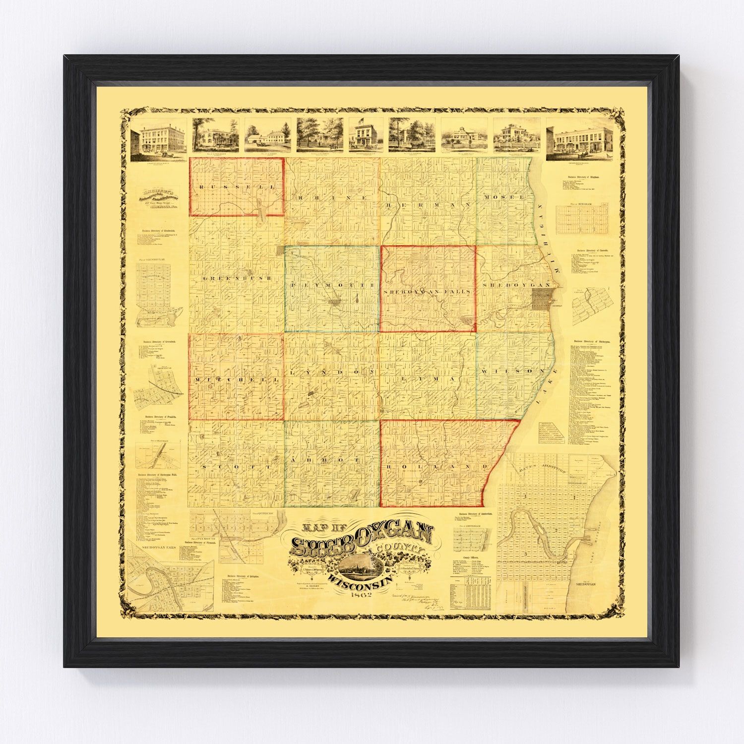 Vintage map of Sheboygan County, Wisconsin, 1862