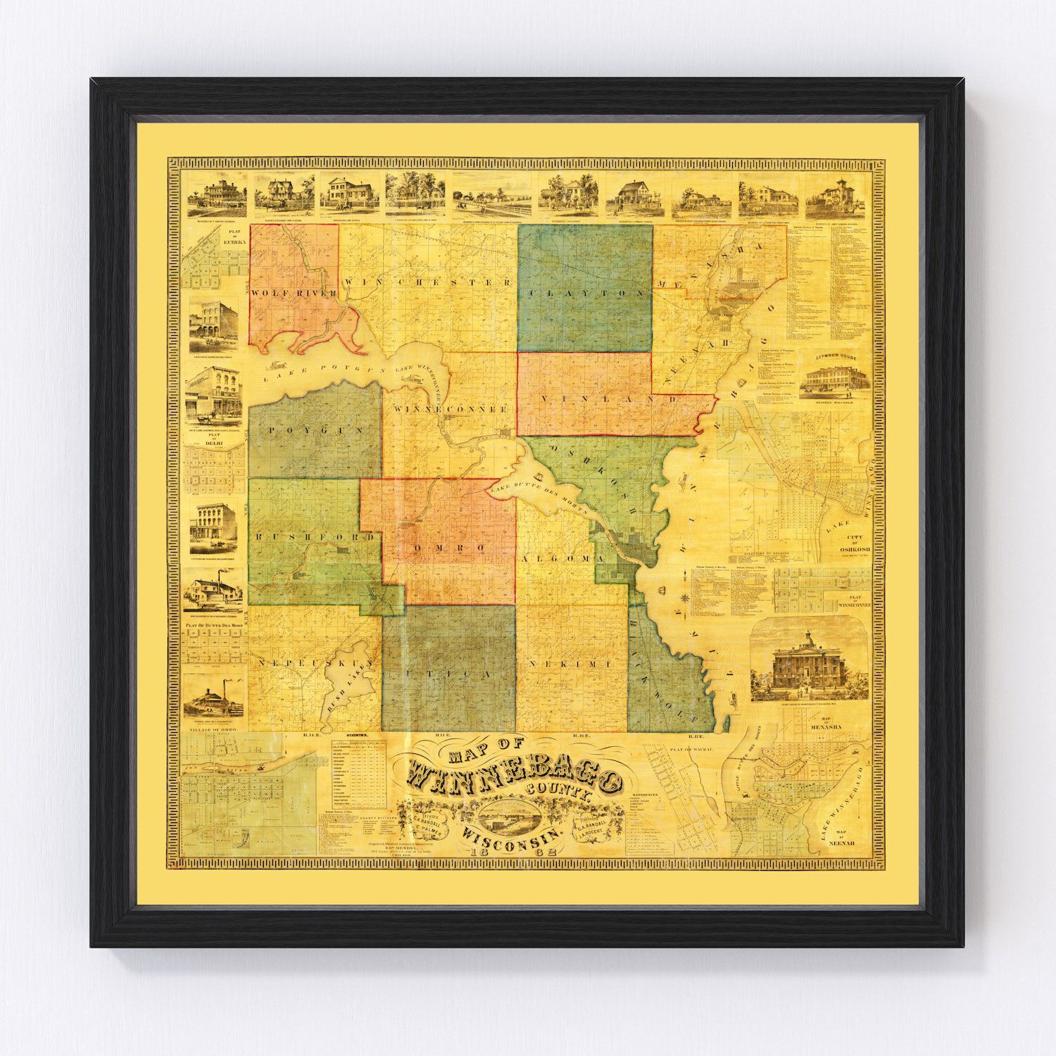 Vintage map of Winnebago County, Wisconsin, 1862, Civil War-era county survey print