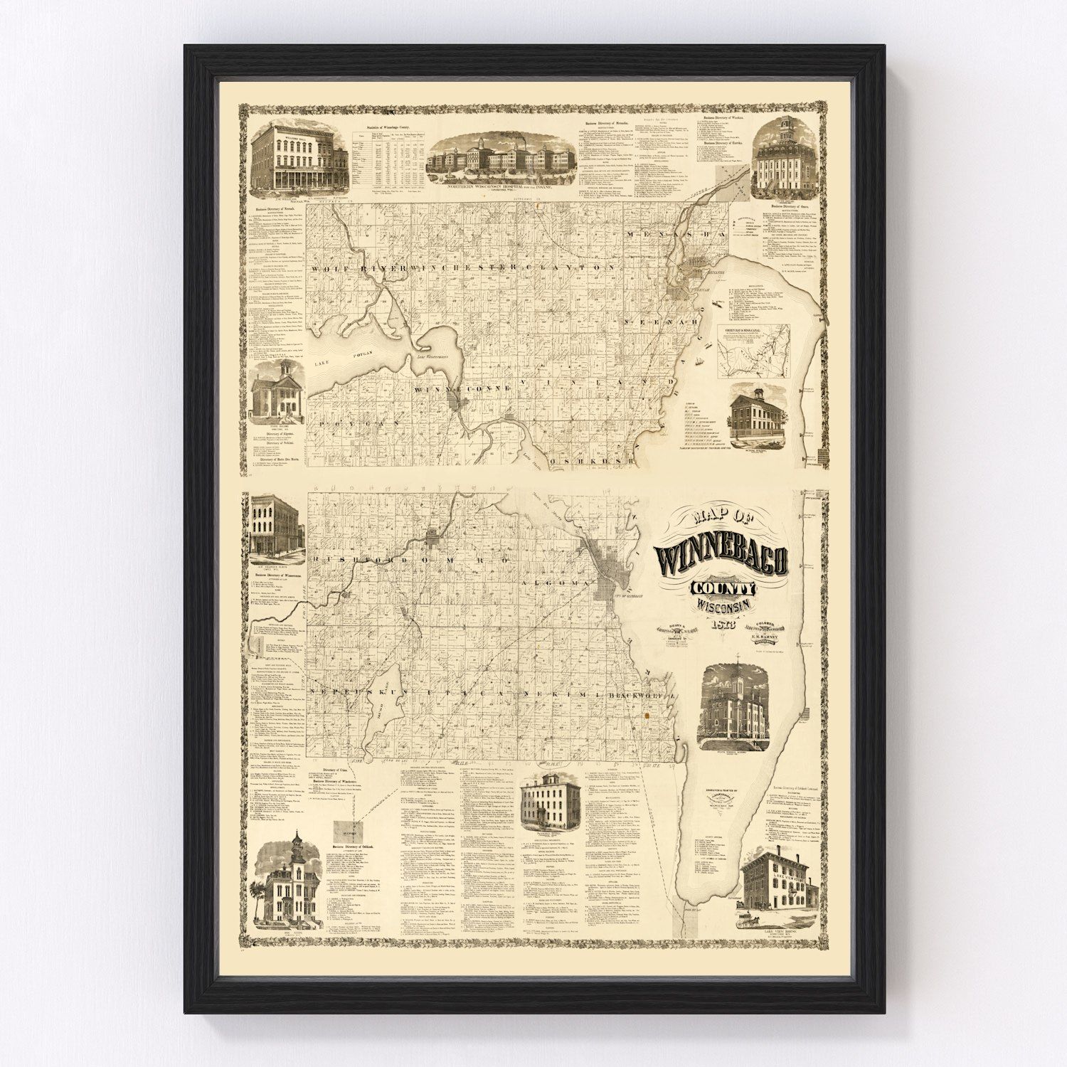Vintage map of Winnebago County, Wisconsin, 1873, digitally restored county wall art