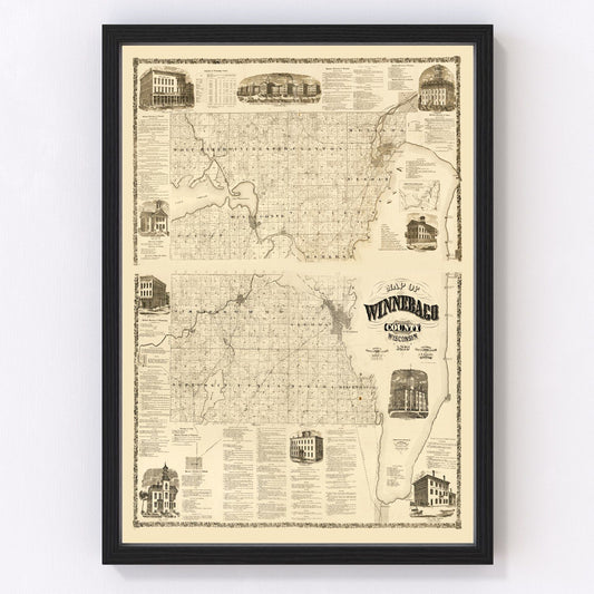 Vintage map of Winnebago County, Wisconsin, 1873, digitally restored county wall art