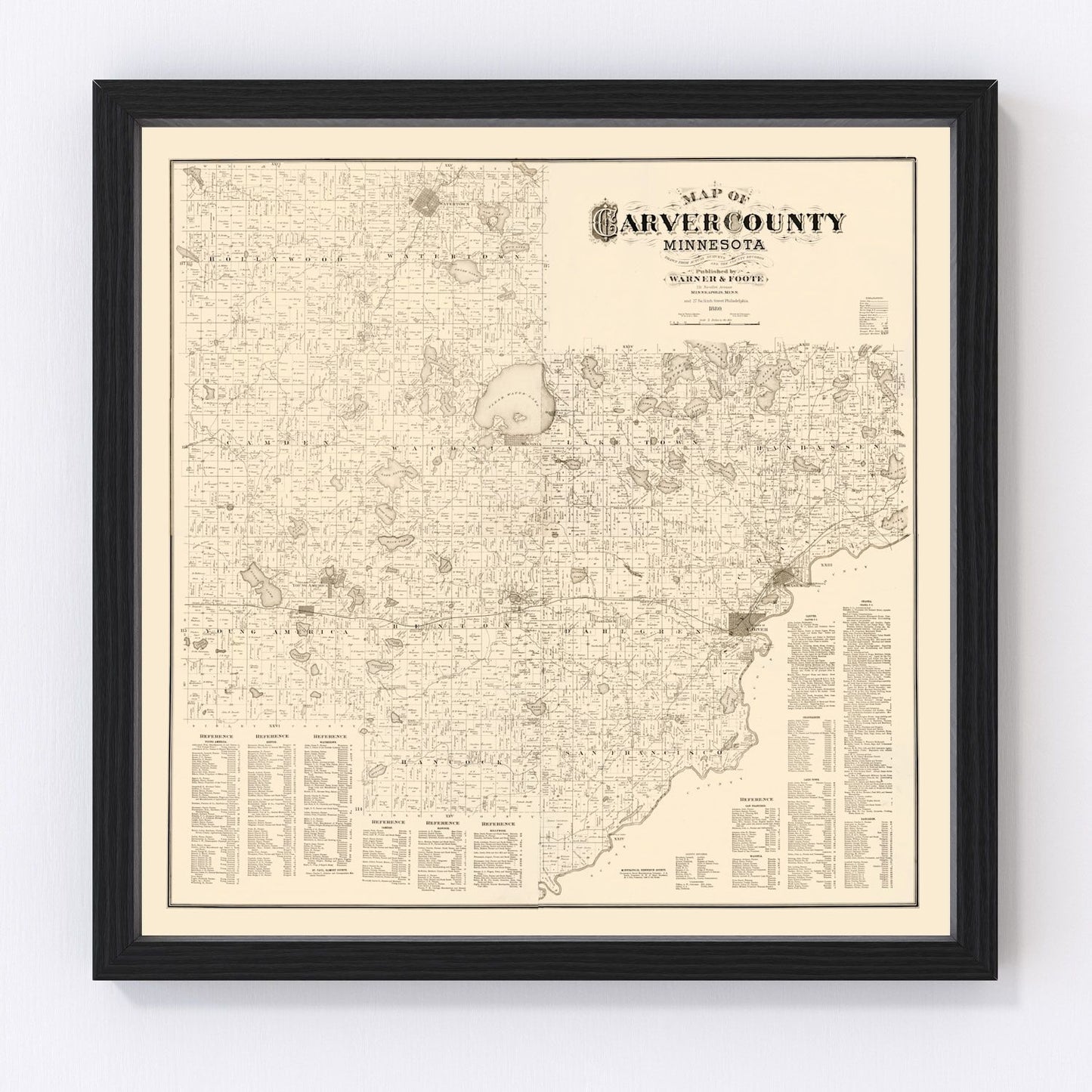 Vintage map of Carver County, Minnesota, 1880, restored vintage wall art print