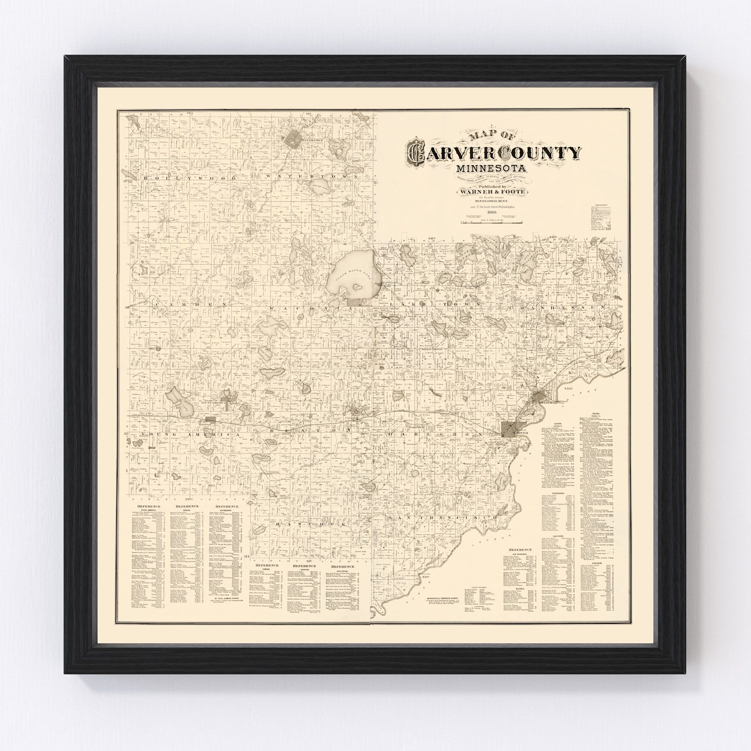 Vintage map of Carver County, Minnesota, 1880, restored vintage wall art print