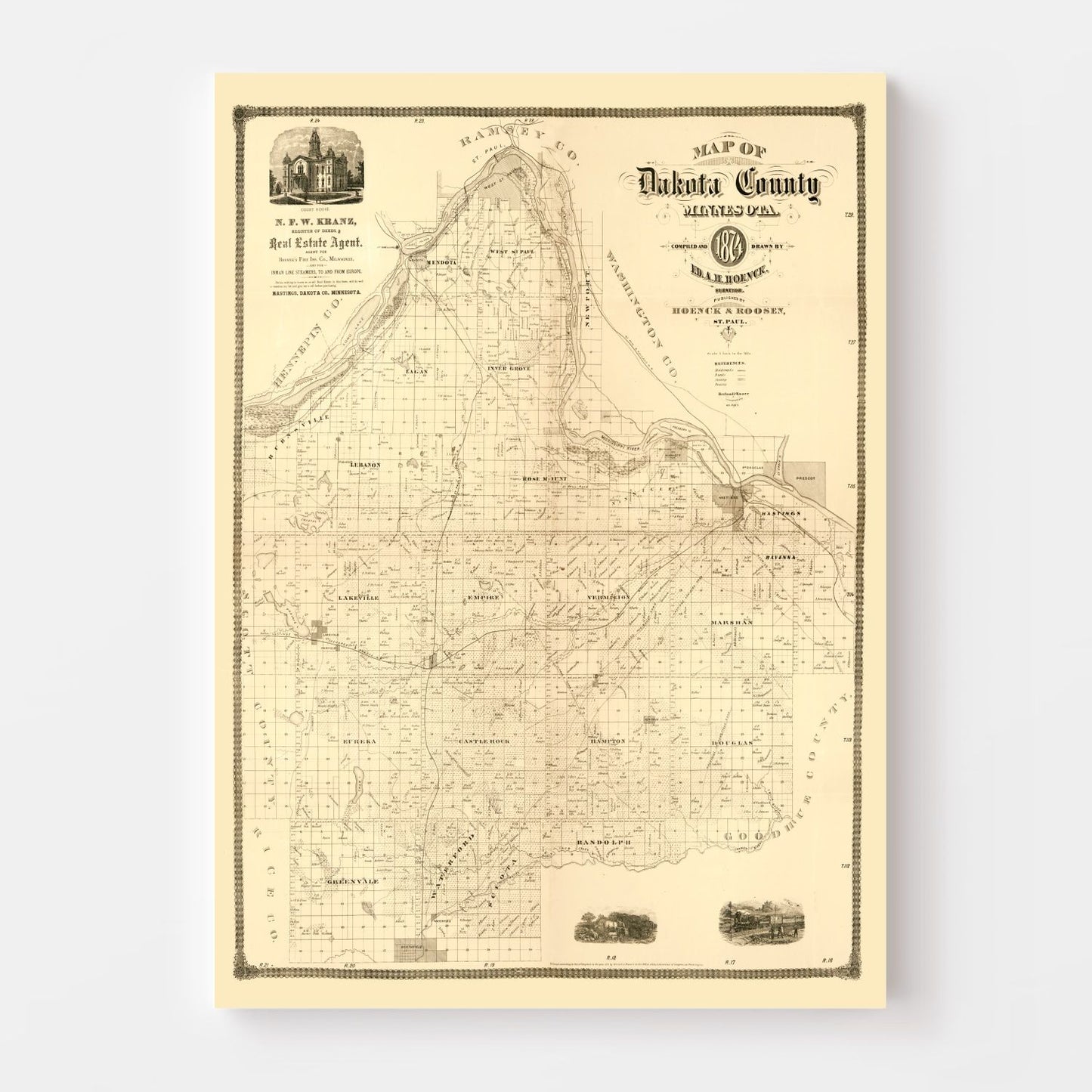 Vintage 1874 Map of Dakota County, Minnesota