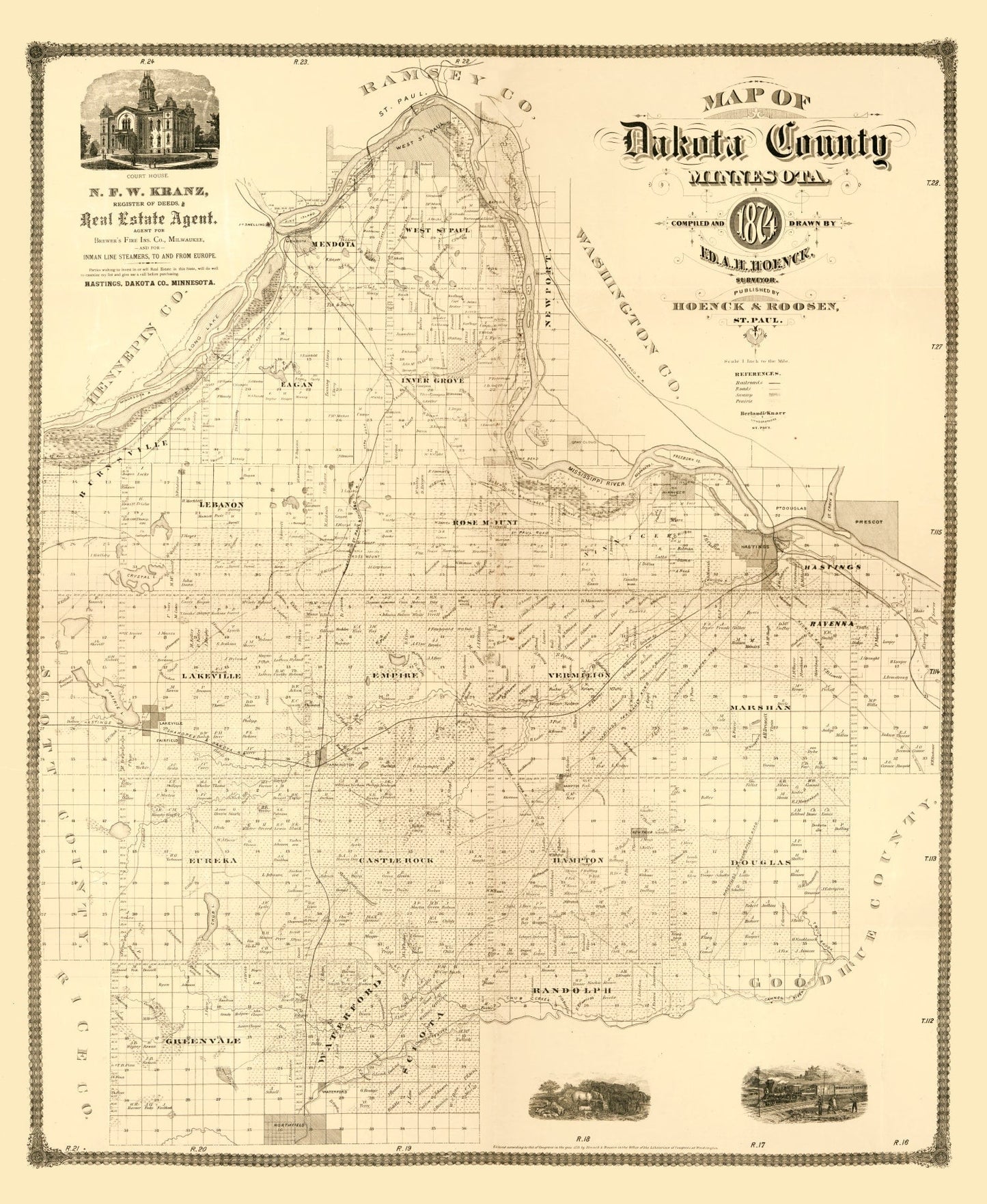 Vintage 1874 Map of Dakota County, Minnesota