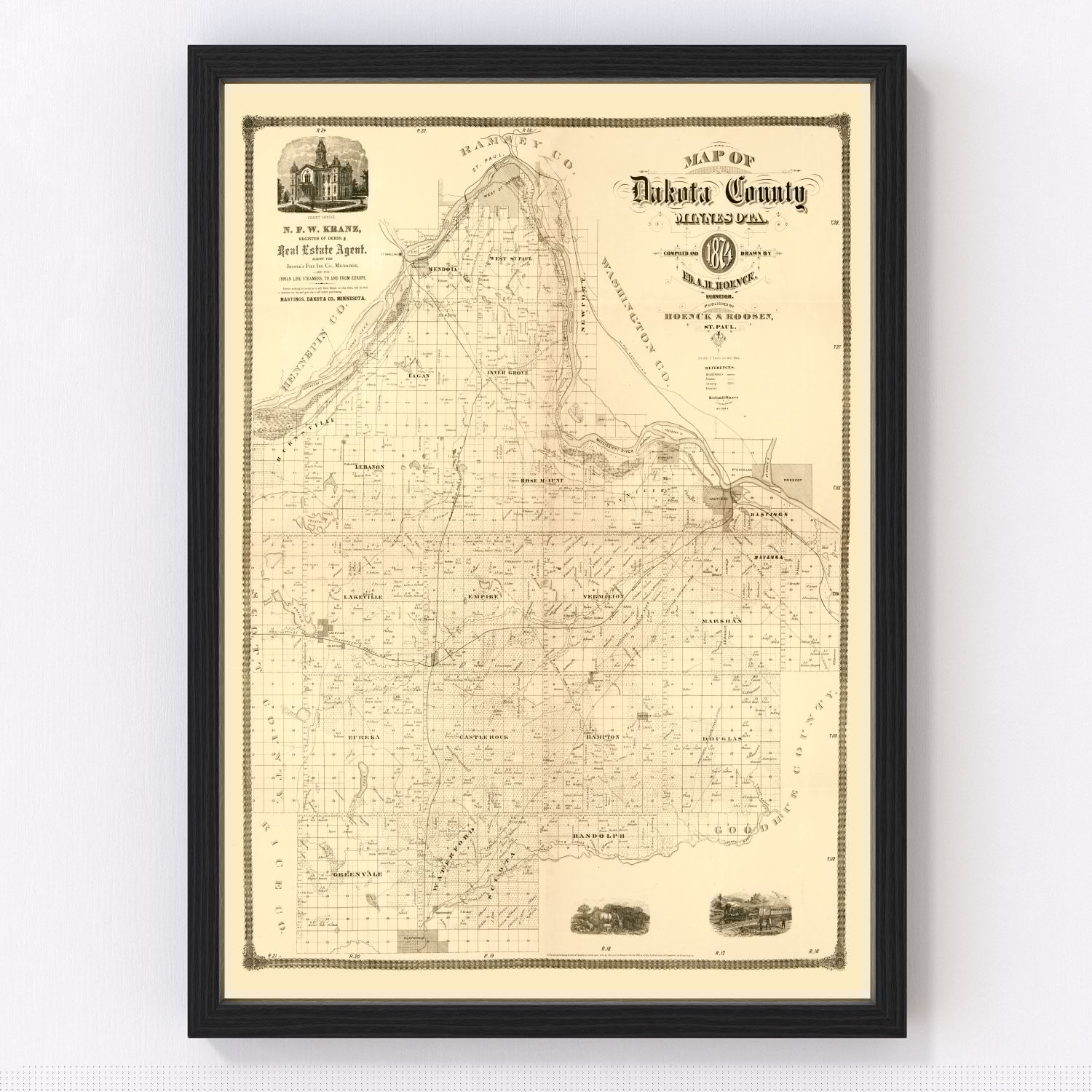 Vintage map of Dakota County, Minnesota, 1874